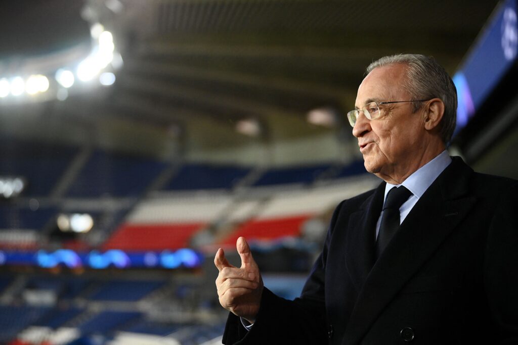 Real Madrid's president Florentino Perez gestures as he attends his team's training session at the Parc des Princes stadium in Paris on February 14, 2022 on the eve of the UEFA Champions League round of 16 first leg football match between Paris Saint-Germain and Real Madrid.