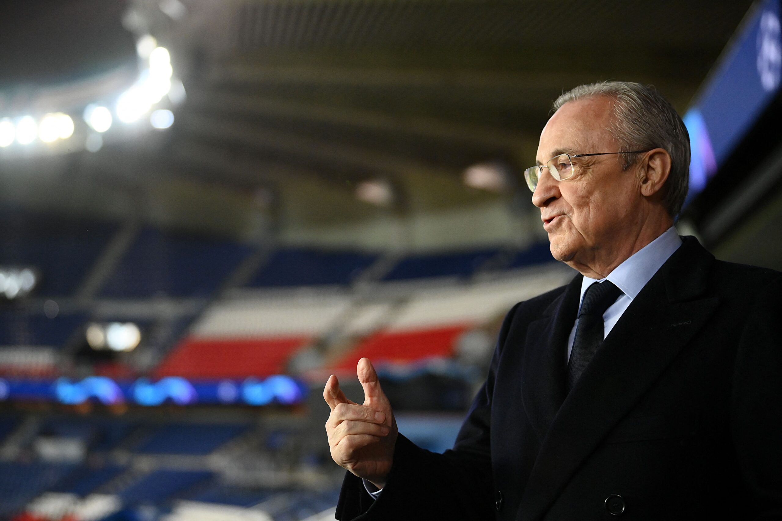Real Madrid's president Florentino Perez gestures as he attends his team's training session at the Parc des Princes stadium in Paris on February 14, 2022 on the eve of the UEFA Champions League round of 16 first leg football match between Paris Saint-Germain and Real Madrid.