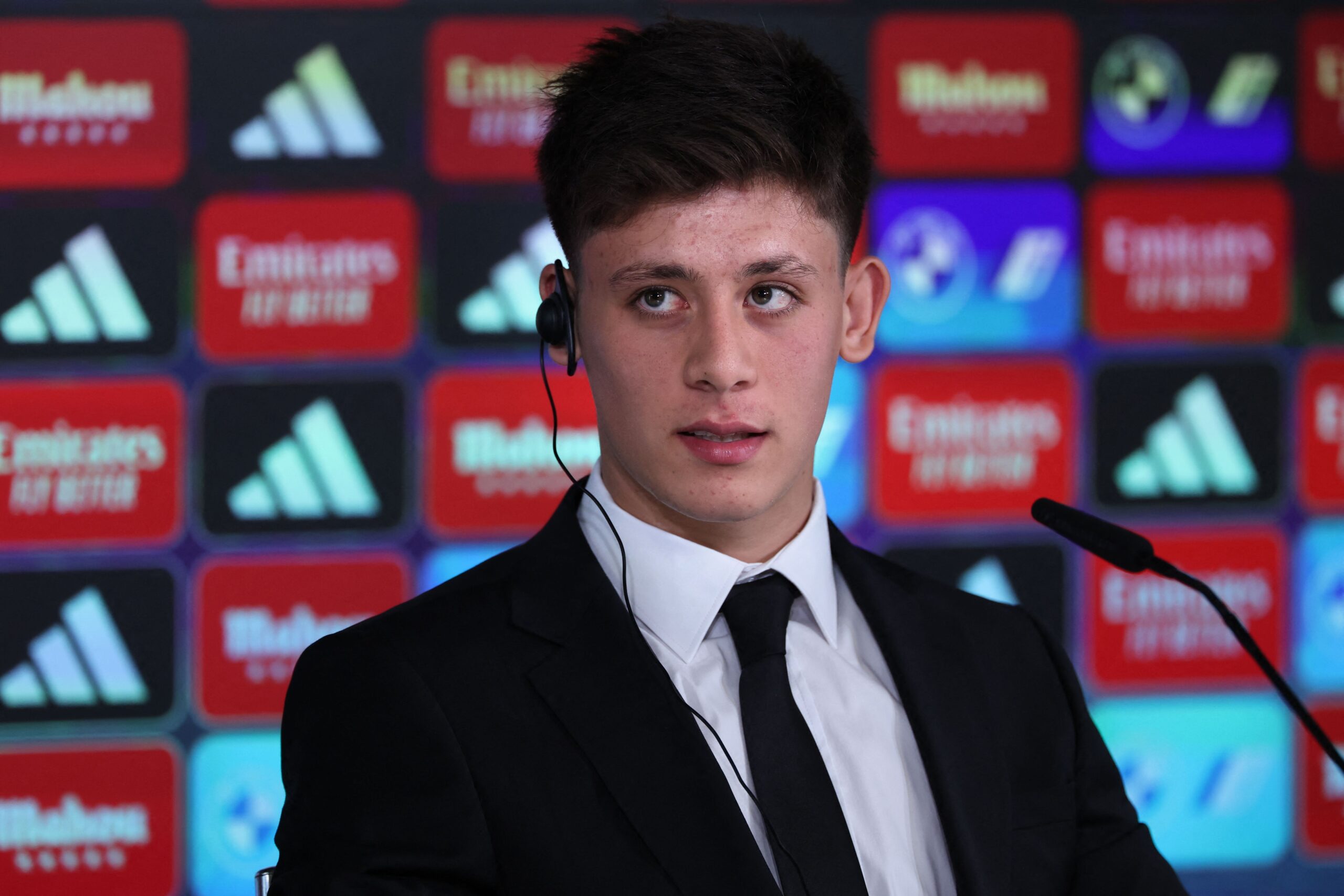Real Madrid's newly-signed Turkish midfielder Arda Guler attends a press conference as part of his official presentation, in Madrid on July 7, 2023. Fenerbahce's midfielder Arda Guler has signed a contract with Real Madrid for the next six seasons, until 2029, the Spanish club announced in a statement on July 6.
