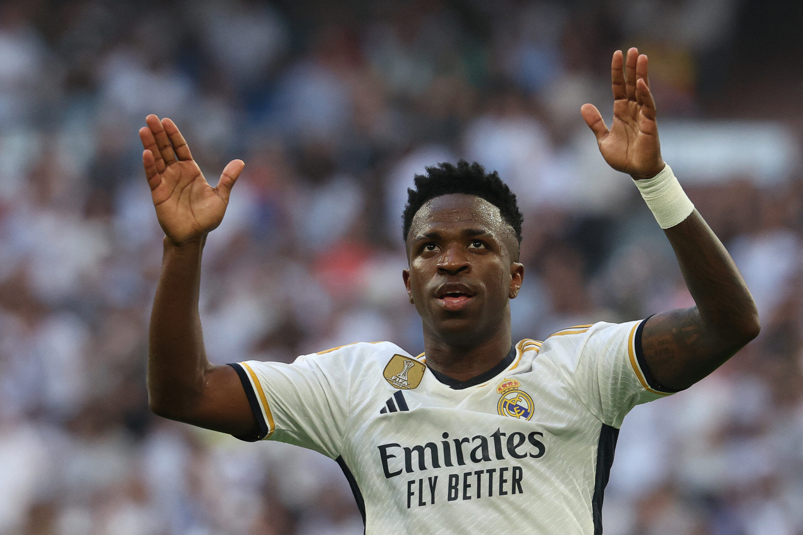 Real Madrid's Brazilian forward #07 Vinicius Junior celebrates after scoring his team's third goal during the Spanish league football match between Real Madrid CF and CA Osasuna at the Santiago Bernabeu stadium in Madrid on October 7, 2023.