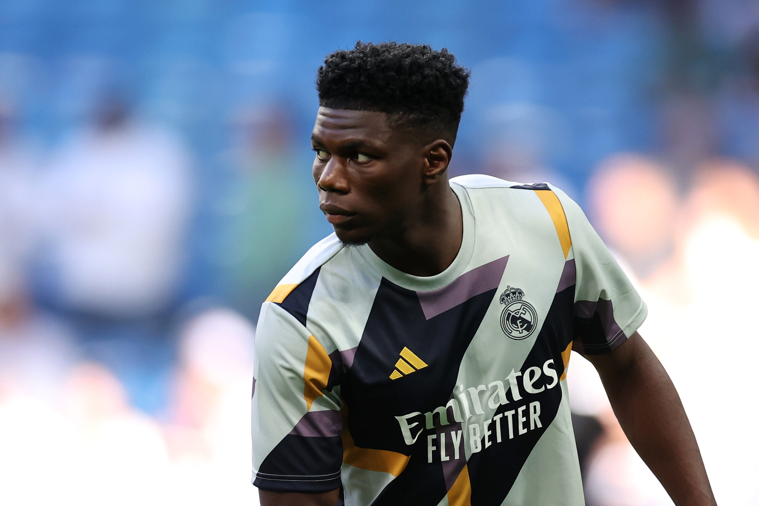 MADRID, SPAIN - SEPTEMBER 20: 18 Aurelien Tchouameni of Real Madrid looks on during the UEFA Champions League match between Real Madrid CF and 1. FC Union Berlin at Santiago Bernabéu Stadium on September 20, 2023 in Madrid, Spain.