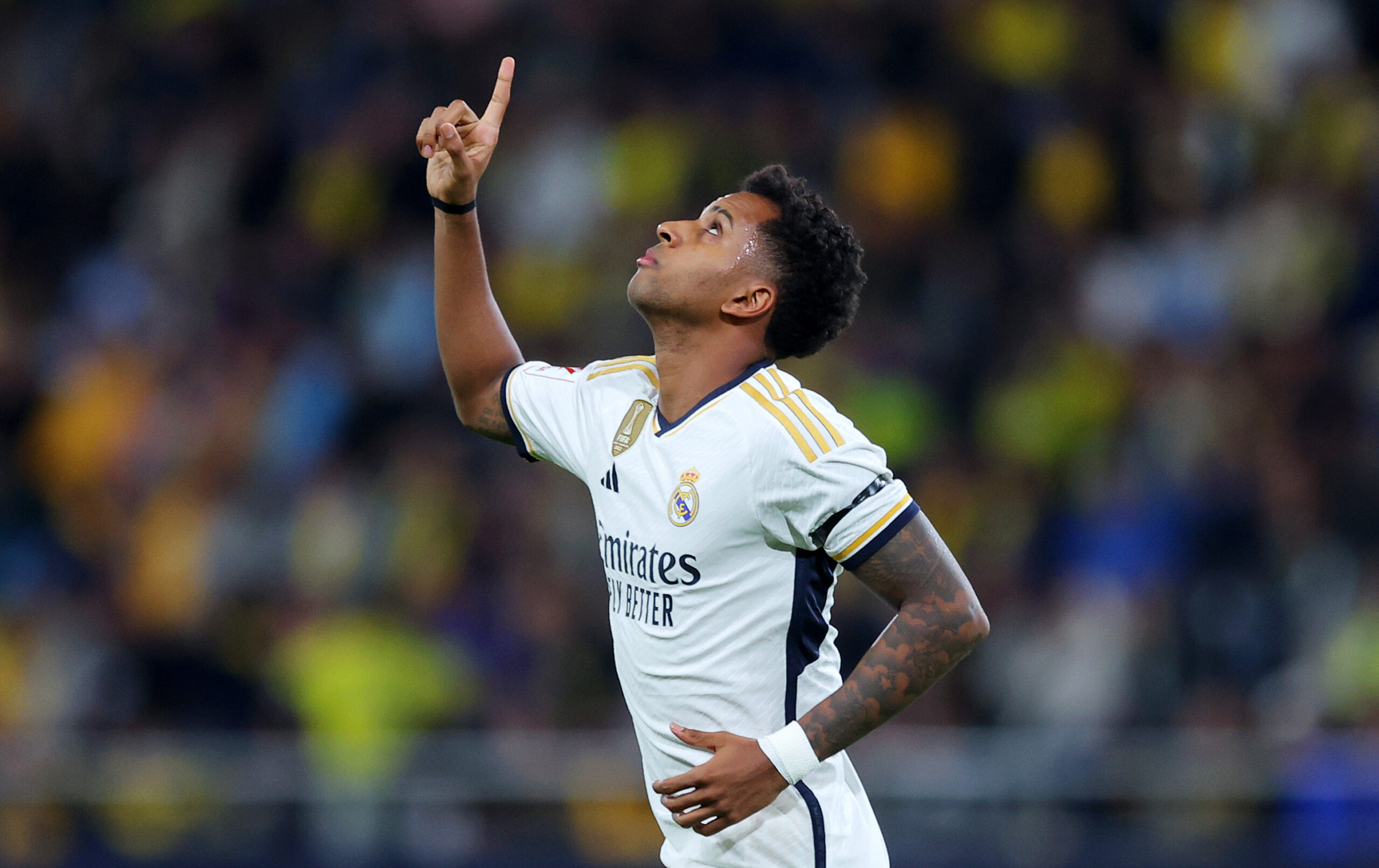 CADIZ, SPAIN - NOVEMBER 26: Rodrygo of Real Madrid celebrates after scoring the team's first goal during the LaLiga EA Sports match between Cadiz CF and Real Madrid CF at Estadio Nuevo Mirandilla on November 26, 2023 in Cadiz, Spain.