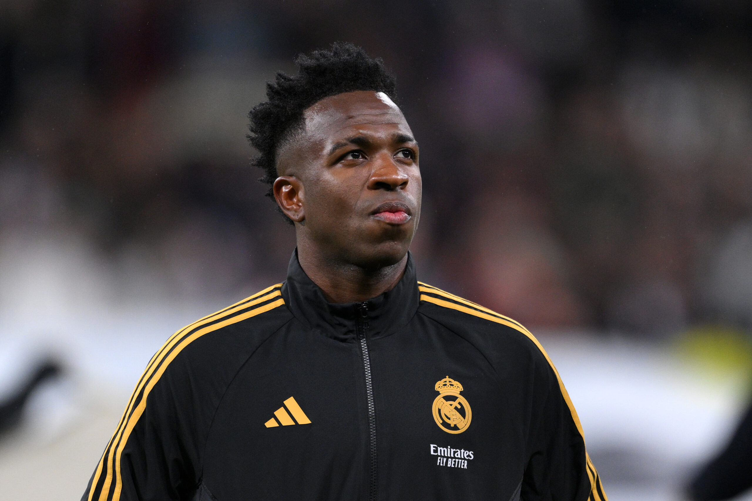 MADRID, SPAIN - NOVEMBER 08: Vinicius Junior of Real Madrid looks on prior to the UEFA Champions League match between Real Madrid and SC Braga at Estadio Santiago Bernabeu on November 08, 2023 in Madrid, Spain.