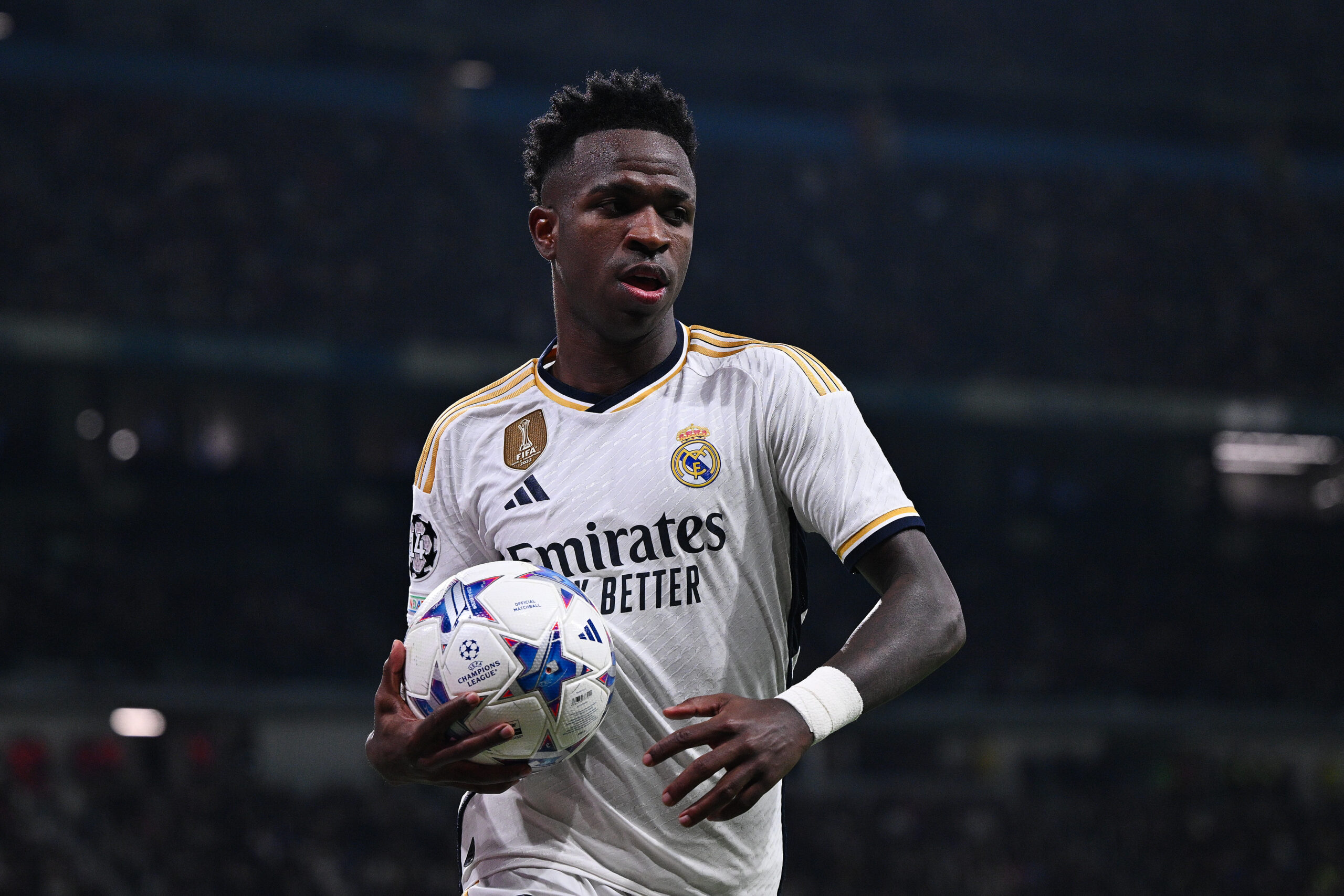 MADRID, SPAIN - NOVEMBER 08: Vinicius Jr. of Real Madrid CF looks on during the UEFA Champions League match between Real Madrid and SC Braga at Estadio Santiago Bernabeu on November 08, 2023 in Madrid, Spain.