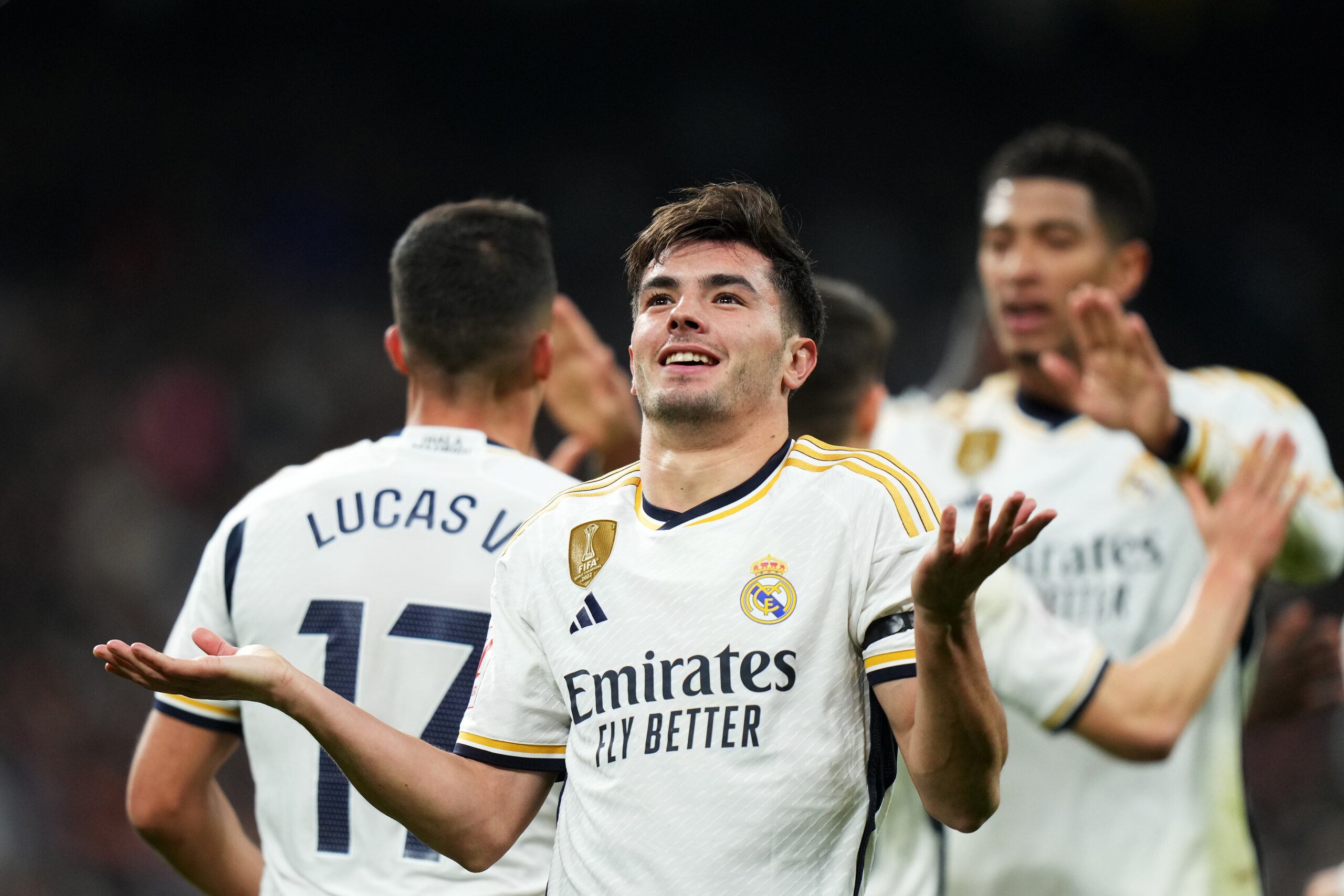 MADRID, SPAIN - DECEMBER 17: Brahim Diaz of Real Madrid celebrates scoring their team's third goal during the LaLiga EA Sports match between Real Madrid CF and Villarreal CF at Estadio Santiago Bernabeu on December 17, 2023 in Madrid, Spain.