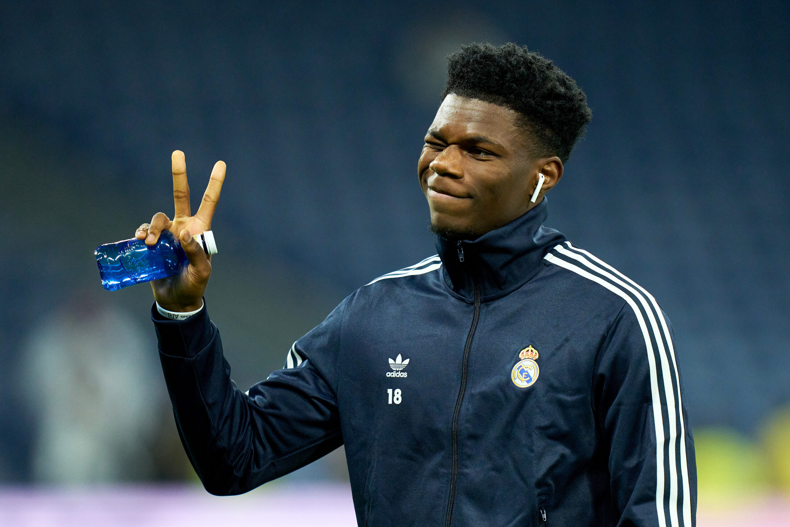 MADRID, SPAIN - DECEMBER 17: Aurelien Tchouameni of Real Madrid reacts during a pitch inspection prior to the LaLiga EA Sports match between Real Madrid CF and Villarreal CF at Estadio Santiago Bernabeu on December 17, 2023 in Madrid, Spain.