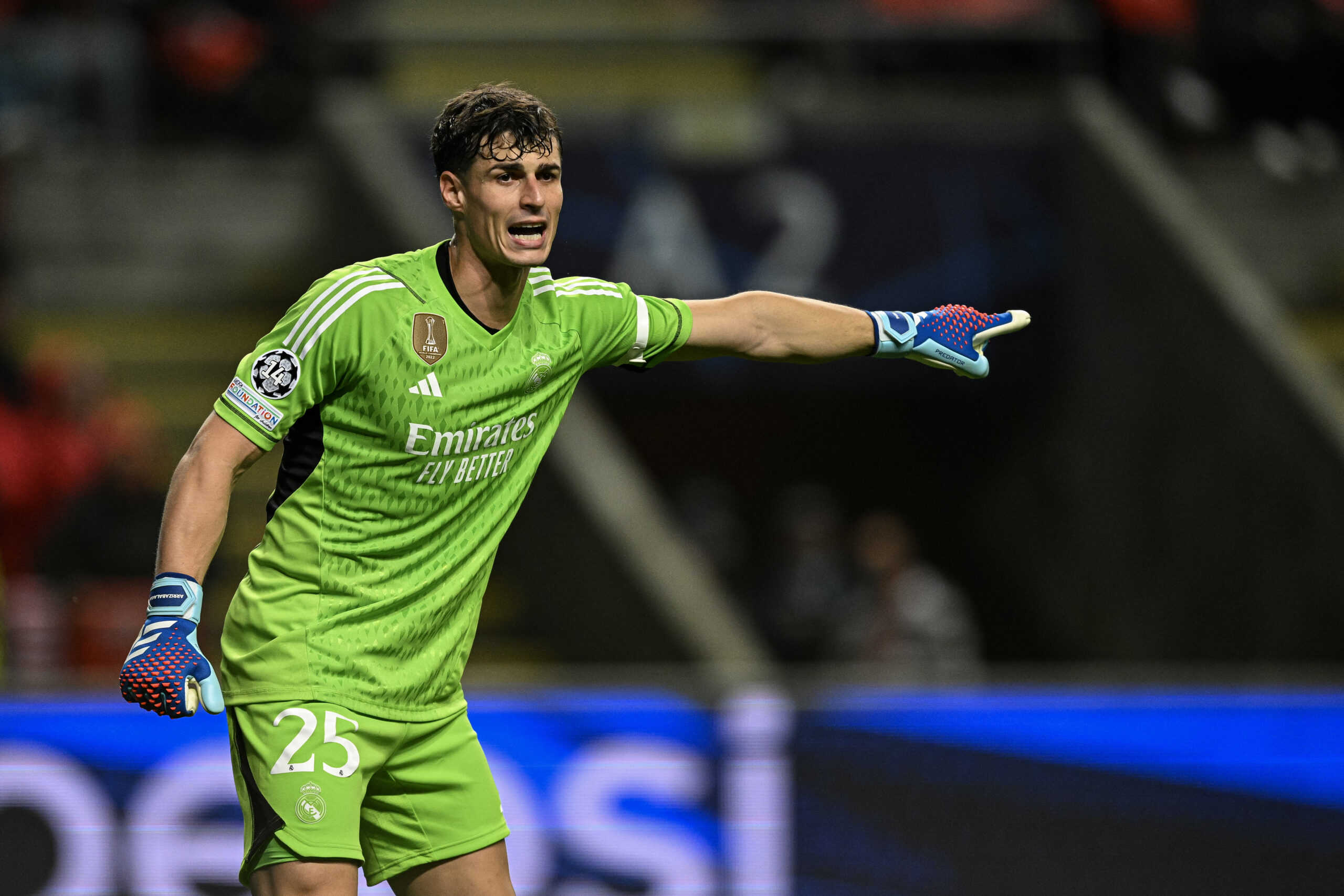 BRAGA, PORTUGAL - OCTOBER 24: Kepa Arrizabalaga of Real Madrid reacts during the UEFA Champions League match between SC Braga and Real Madrid at Estadio Municipal de Braga on October 24, 2023 in Braga, Portugal.