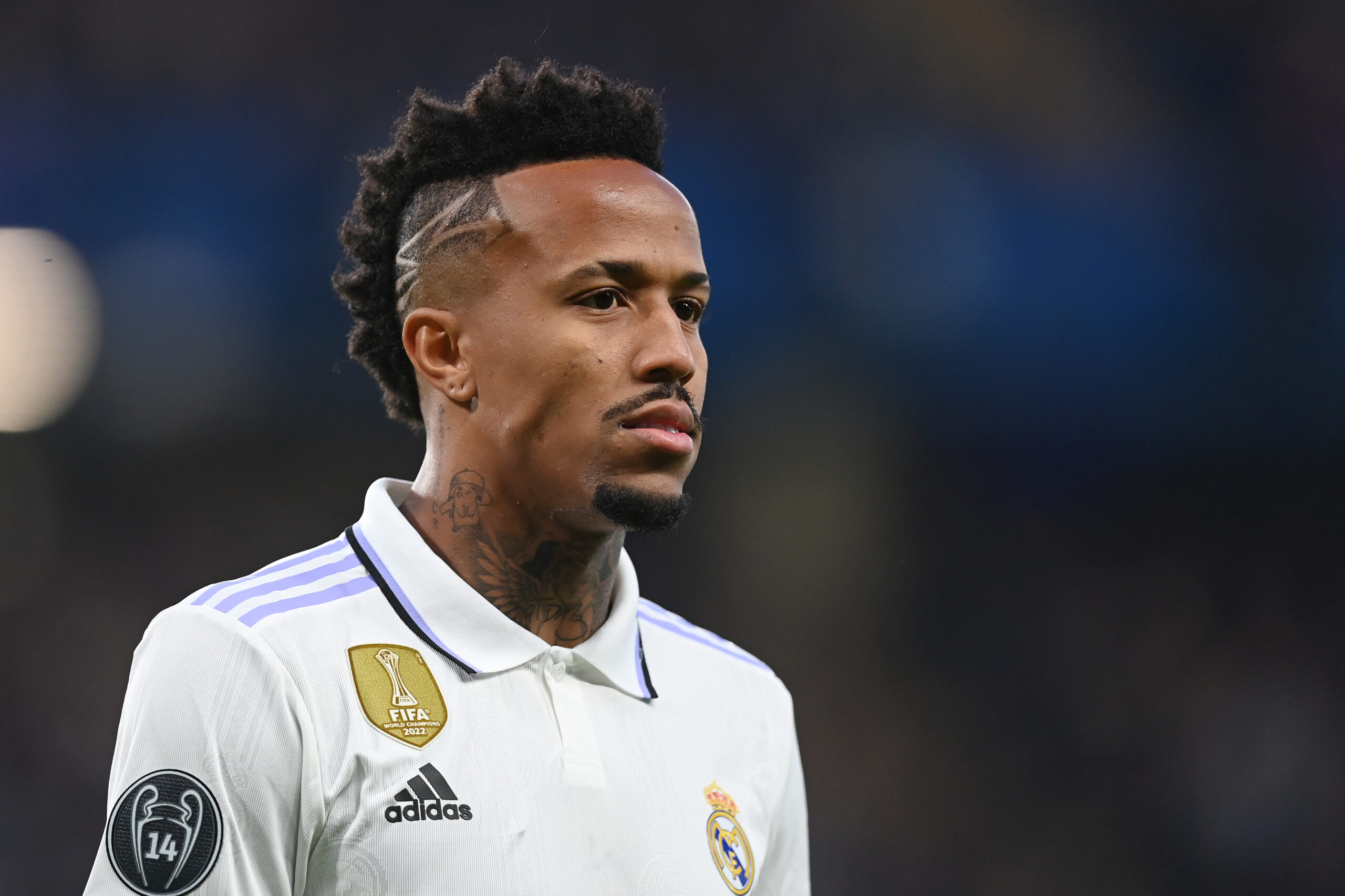LONDON, ENGLAND - APRIL 18: Eder Militao of Real Madrid looks on during the UEFA Champions League quarterfinal second leg match between Chelsea FC and Real Madrid at Stamford Bridge on April 18, 2023 in London, England.