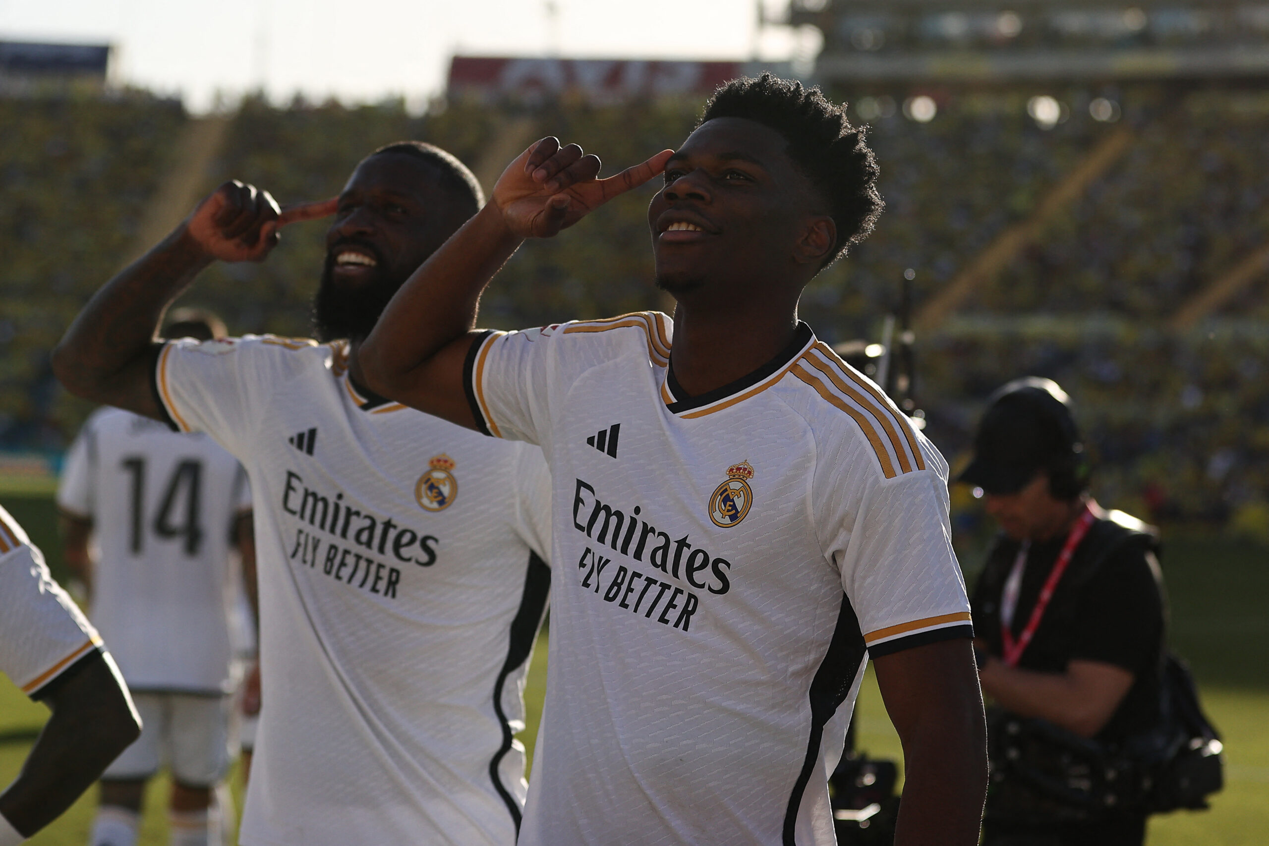 Real Madrid's French defender #18 Aurelien Tchouameni celebrates with Real Madrid's German defender #22 Antonio Rudiger after scoring his team's second goal during the Spanish league football match between UD Las Palmas and Real Madrid CF at the Gran Canaria stadium in Las Palmas de Gran Canaria on January 27, 2024.