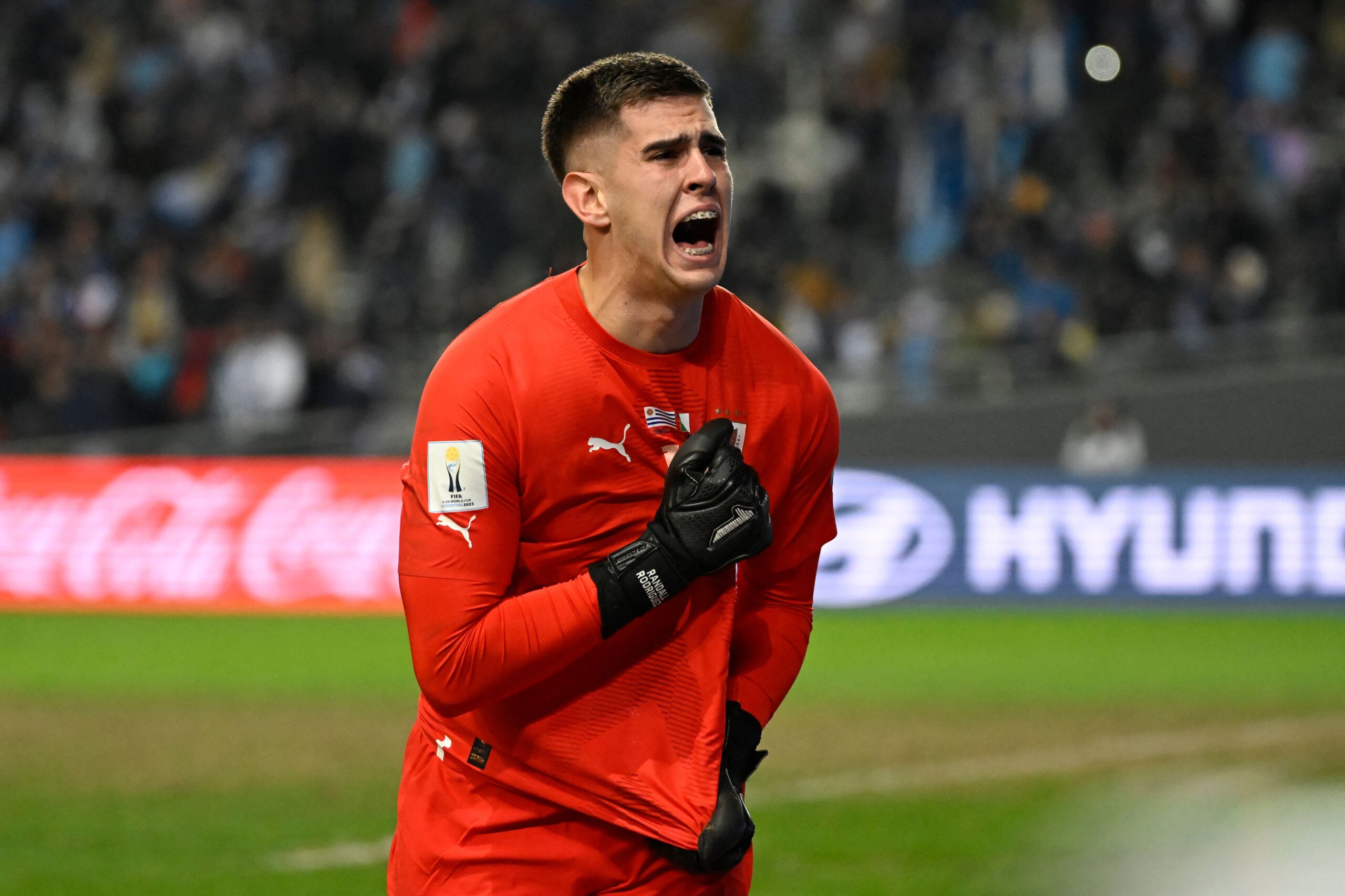 Uruguay's goalkeeper Randall Rodriguez reacts after defeating Italy and winning the Argentina 2023 U-20 World Cup final match between Uruguay and Italy at the Estadio Unico Diego Armando Maradona stadium in La Plata, Argentina, on June 11, 2023.