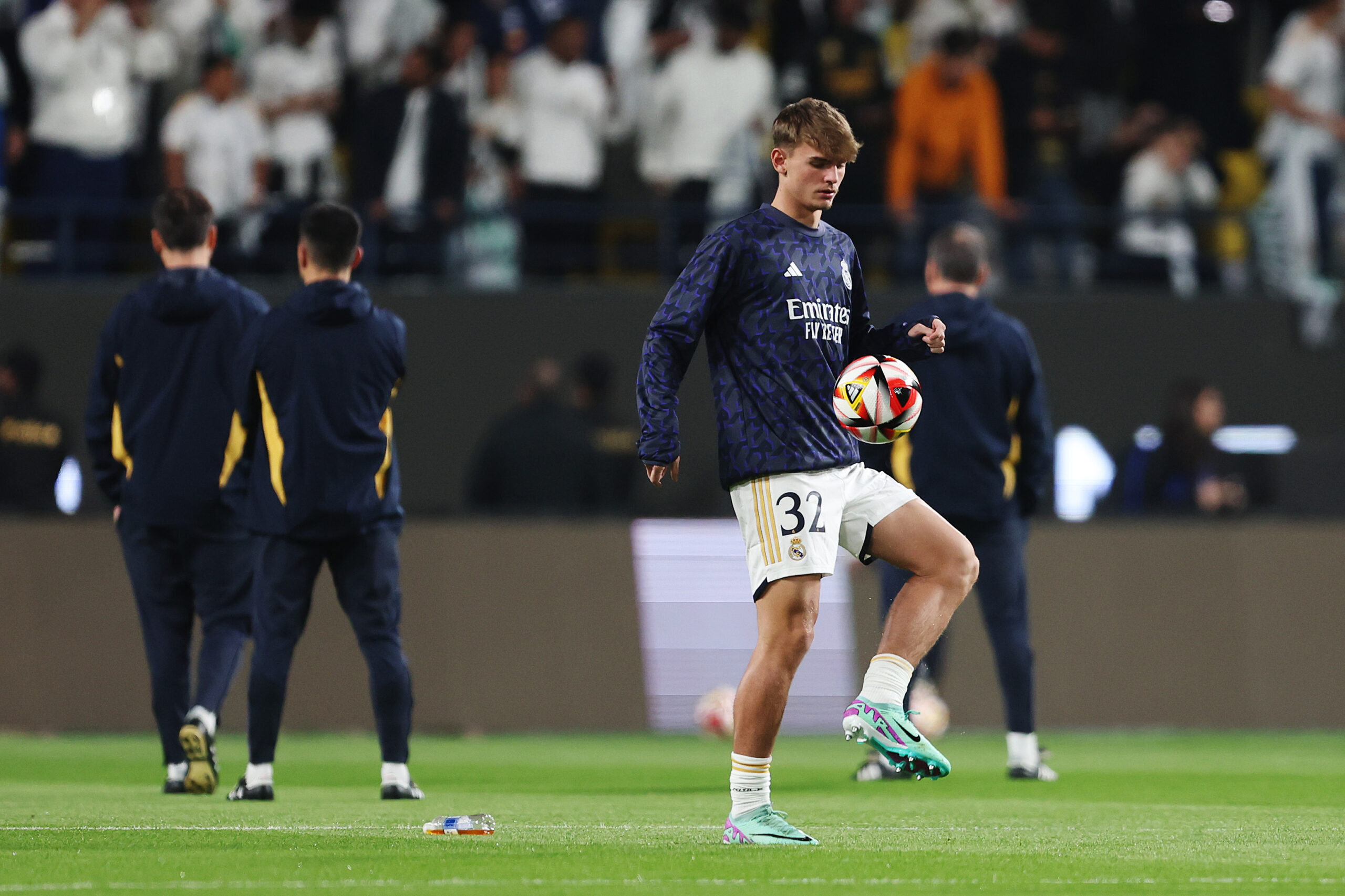 RIYADH, SAUDI ARABIA - JANUARY 10: Nico Paz of Real Madrid warms up prior to the Super Copa de Espana semi-final match between Real Madrid CF and Atletico Madrid at Al-Awwal Park on January 10, 2024 in Riyadh, Saudi Arabia.