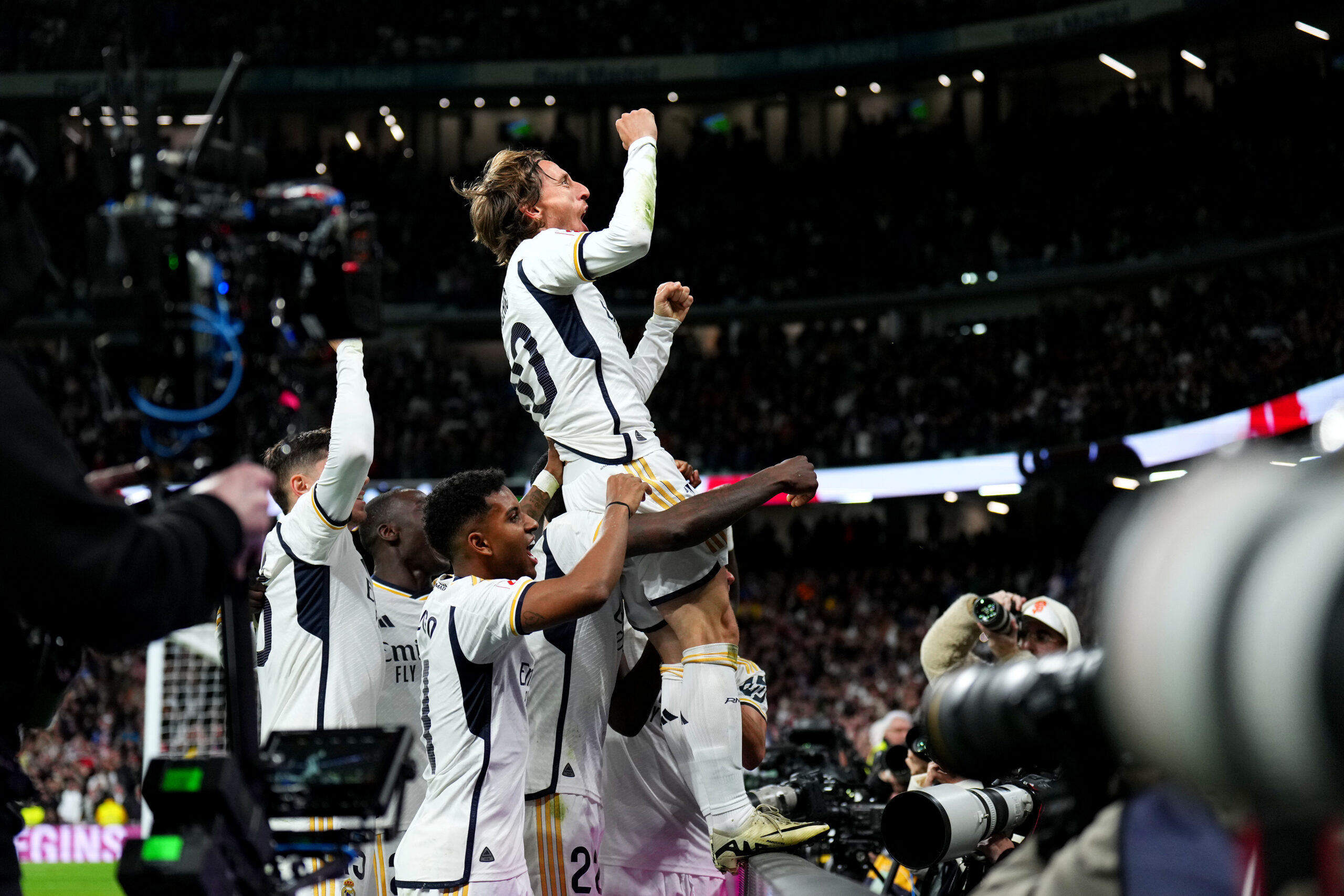MADRID, SPAIN - FEBRUARY 25: Luka Modric of Real Madrid celebrates scoring his team's first goal during the LaLiga EA Sports match between Real Madrid CF and Sevilla FC at Estadio Santiago Bernabeu on February 25, 2024 in Madrid, Spain.