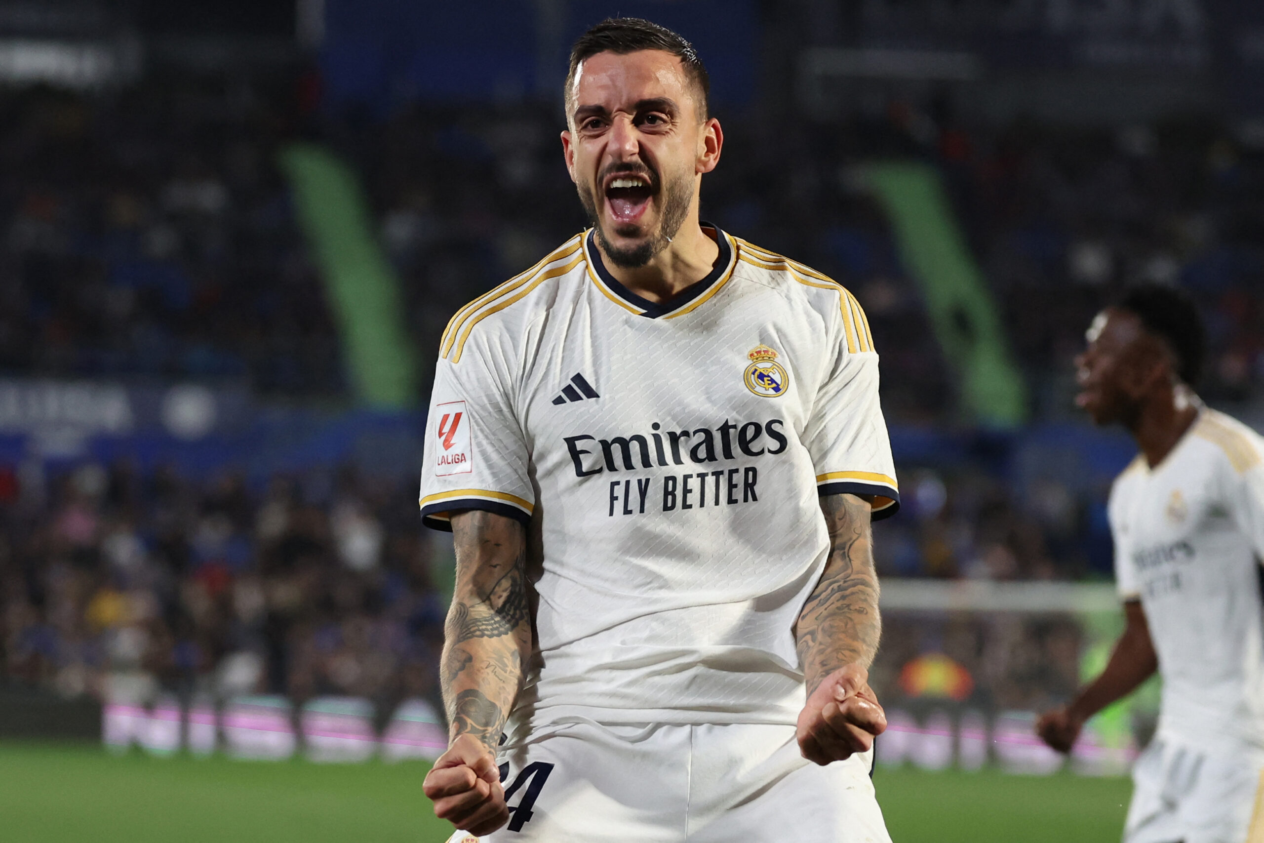 TOPSHOT - Real Madrid's Spanish forward #14 Joselu celebrates scoring his team's first goal during the Spanish league football match between Getafe CF and Real Madrid CF at the Coliseum Alfonso Perez stadium in Getafe on February 1, 2024.