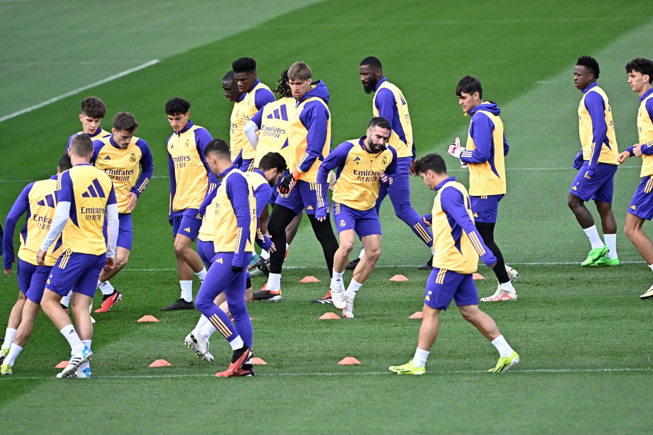 Real Madrid's Spanish defender #02 Dani Carvajal (C) and teammates attend a training session at the Ciudad Real Madrid training ground in Valdebebas, outskirts of Madrid, on February 24, 2024.