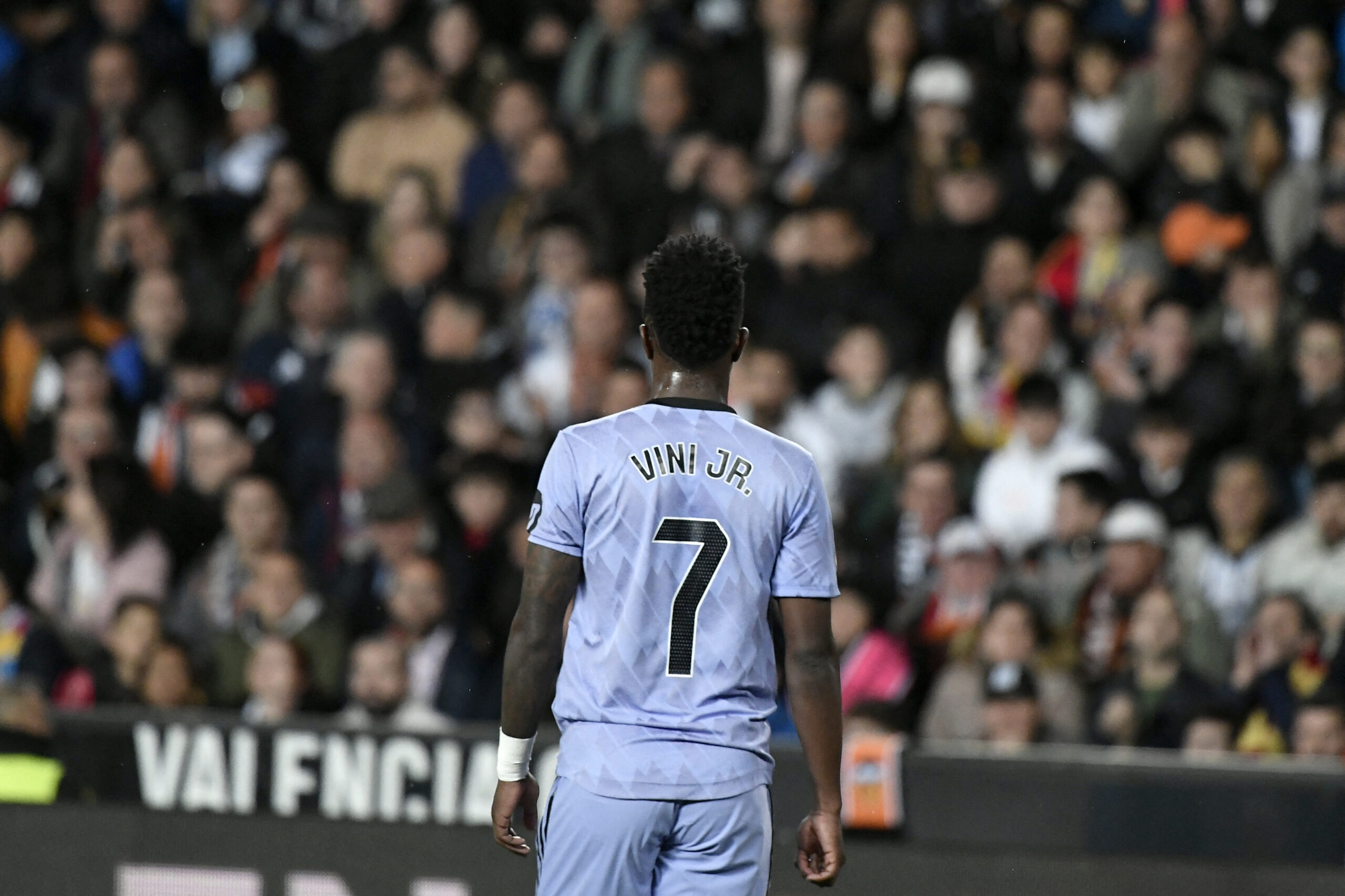 Real Madrid's Brazilian forward #07 Vinicius Junior is seen during the Spanish league football match between Valencia CF and Real Madrid at the Mestalla stadium in Valencia on March 2, 2024.