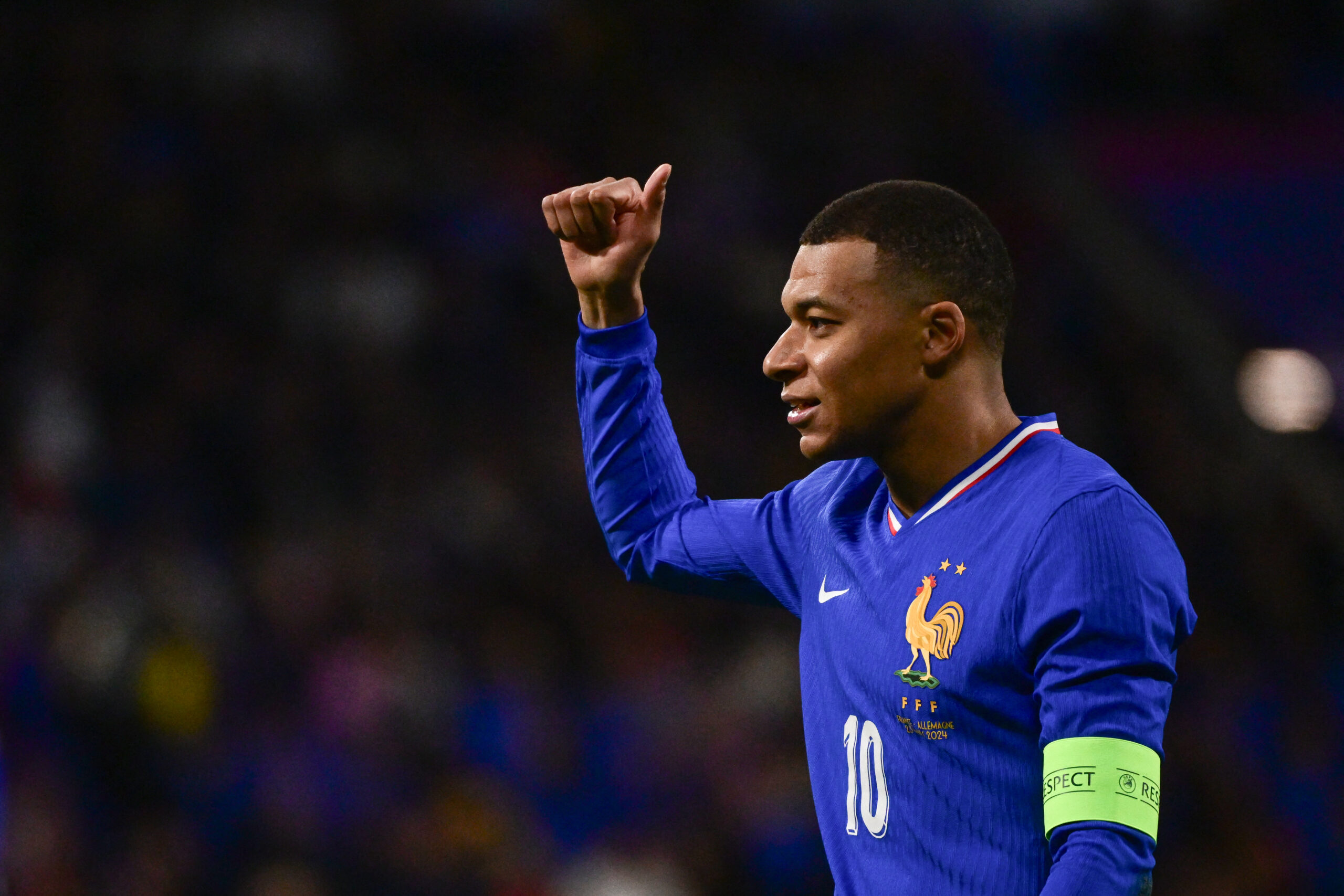 France's forward #10 Kylian Mbappe gestures during the friendly football match between France and Germany, at the Groupama Stadium in Decines-Charpieu, near Lyon, on March 23, 2024.