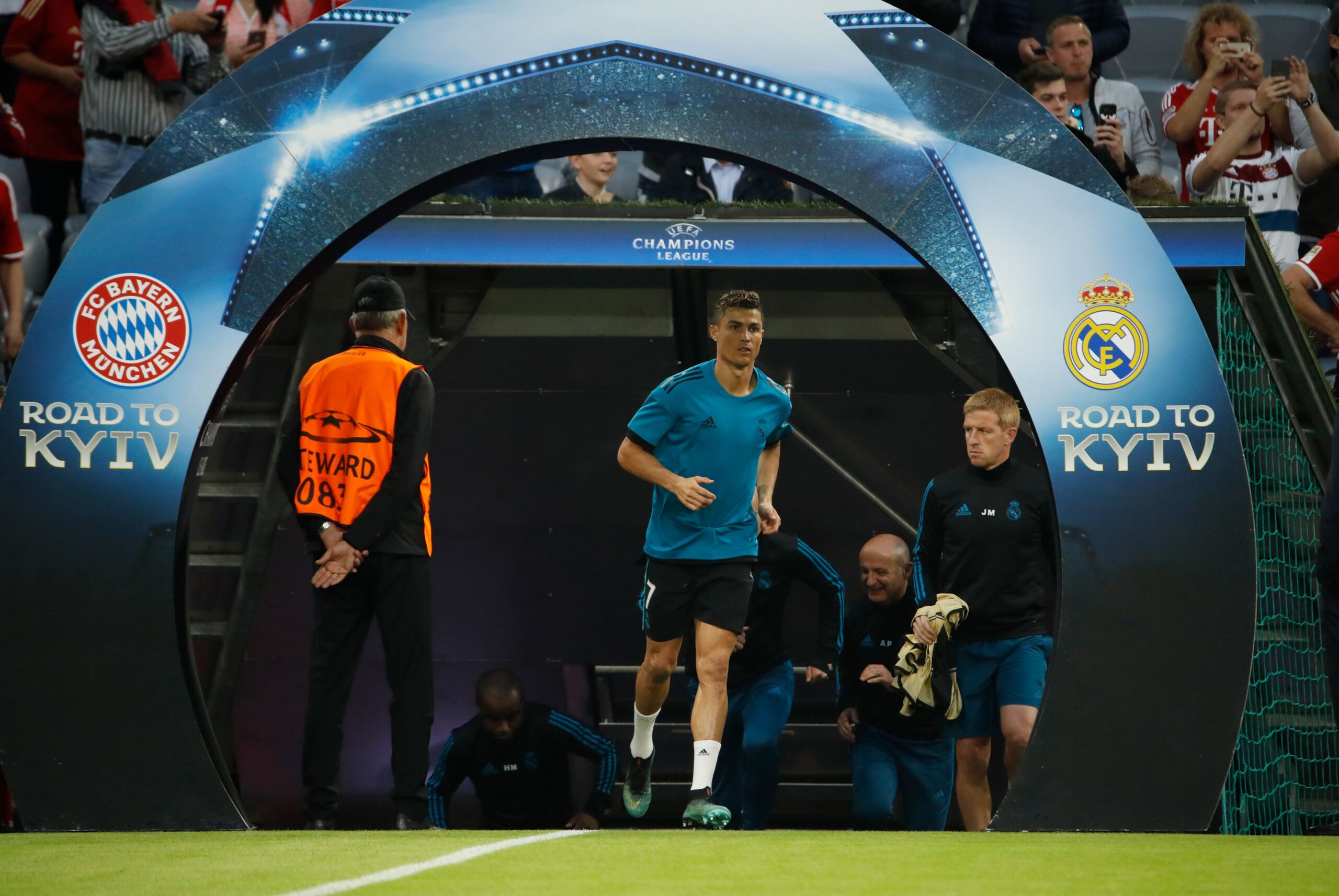 Real Madrid's Portuguese forward Cristiano Ronaldo comes out to the pitch for the warm up prior to the during the UEFA Champions League semi-final first-leg football match FC Bayern Munich v Real Madrid CF in Munich, southern Germany on April 25, 2018.
