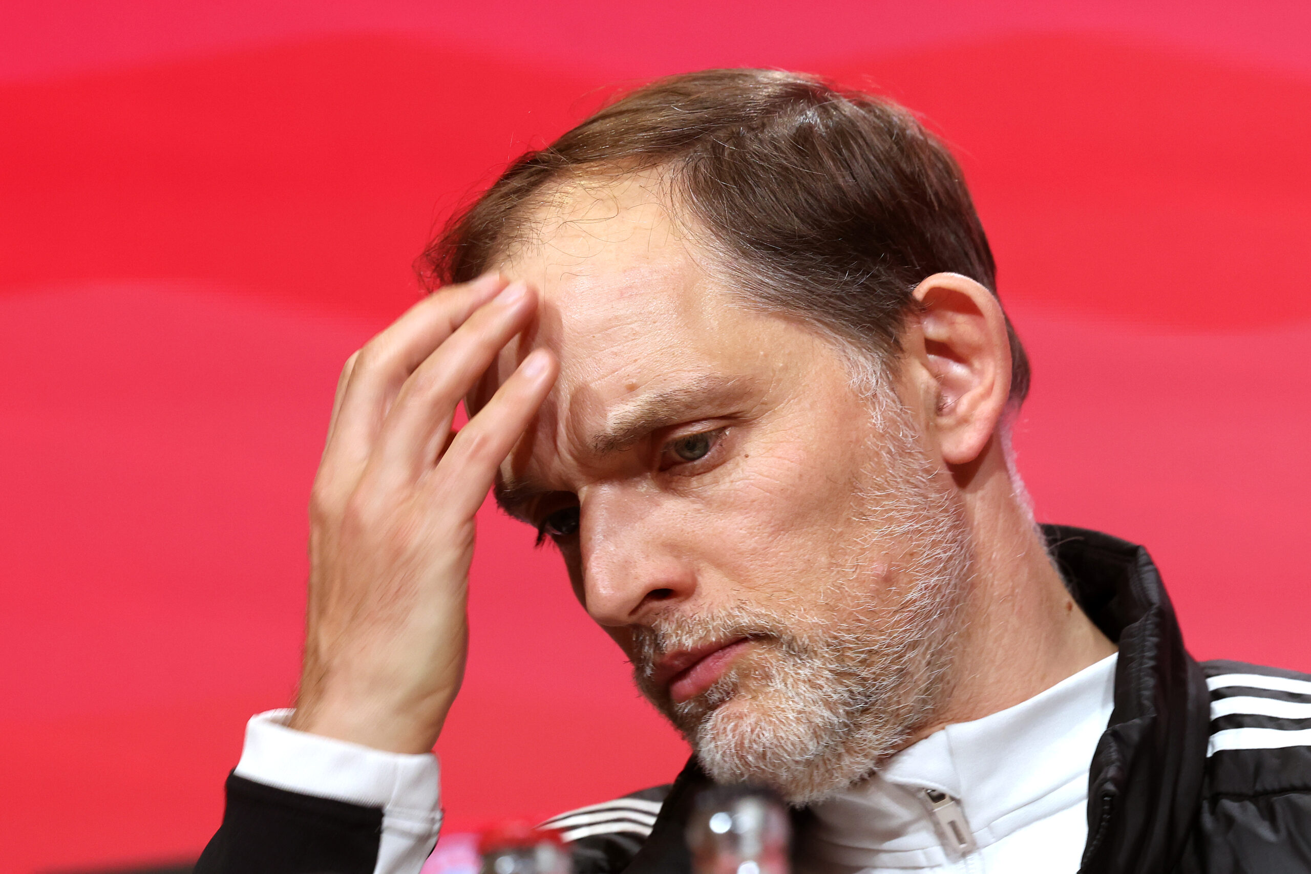 MUNICH, GERMANY - APRIL 27: Thomas Tuchel, head coach of FC Bayern München looks on during a press conference after the Bundesliga match between FC Bayern München and Eintracht Frankfurt at Allianz Arena on April 27, 2024 in Munich, Germany.