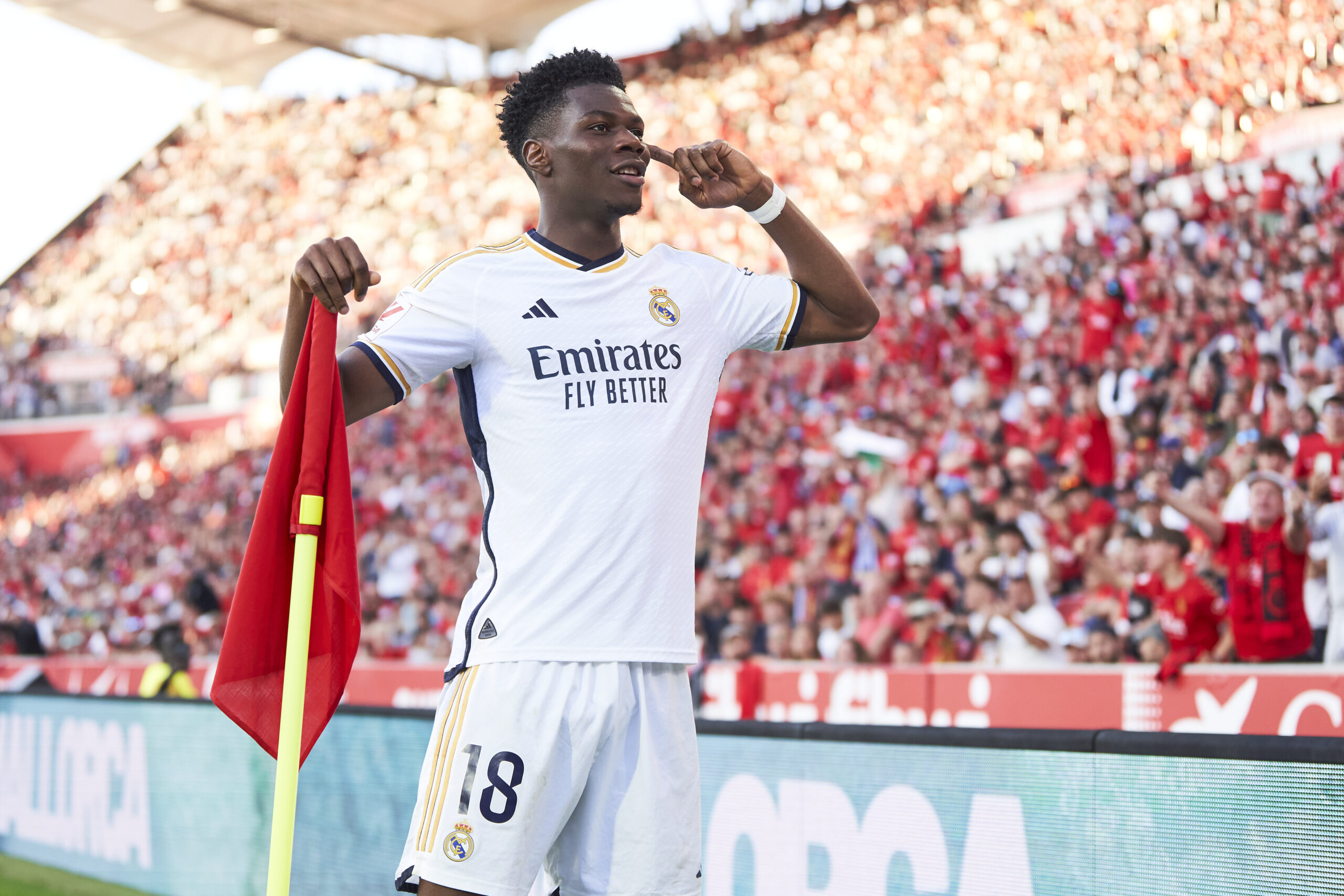 MALLORCA, SPAIN - APRIL 13: Aurelien Tchouameni of Real Madrid celebrates scoring his team's first goal during the LaLiga EA Sports match between RCD Mallorca and Real Madrid CF at Estadi de Son Moix on April 13, 2024 in Mallorca, Spain.