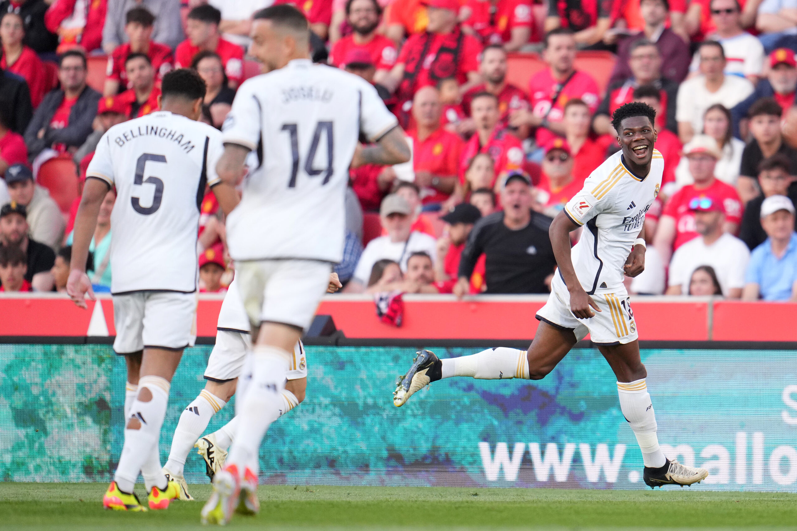 MALLORCA, SPAIN - APRIL 13: Aurelien Tchouameni of Real Madrid celebrates after scoring their first side goal during the LaLiga EA Sports match between RCD Mallorca and Real Madrid CF at Estadi de Son Moix on April 13, 2024 in Mallorca, Spain.