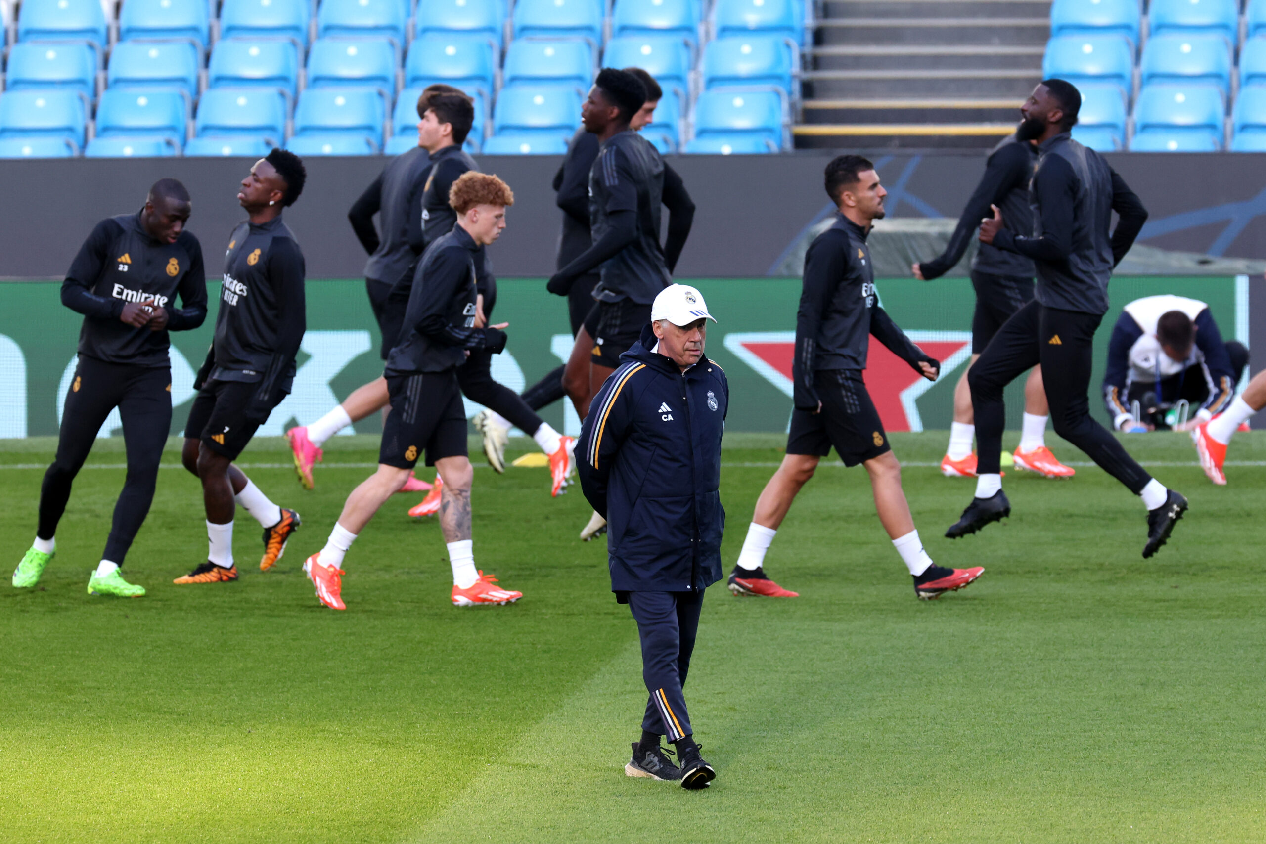 MANCHESTER, ENGLAND - APRIL 16: Carlo Ancelotti, Head Coach of Real Madrid, looks on during a training session at the Etihad Stadium on April 16, 2024 in Manchester, England.
