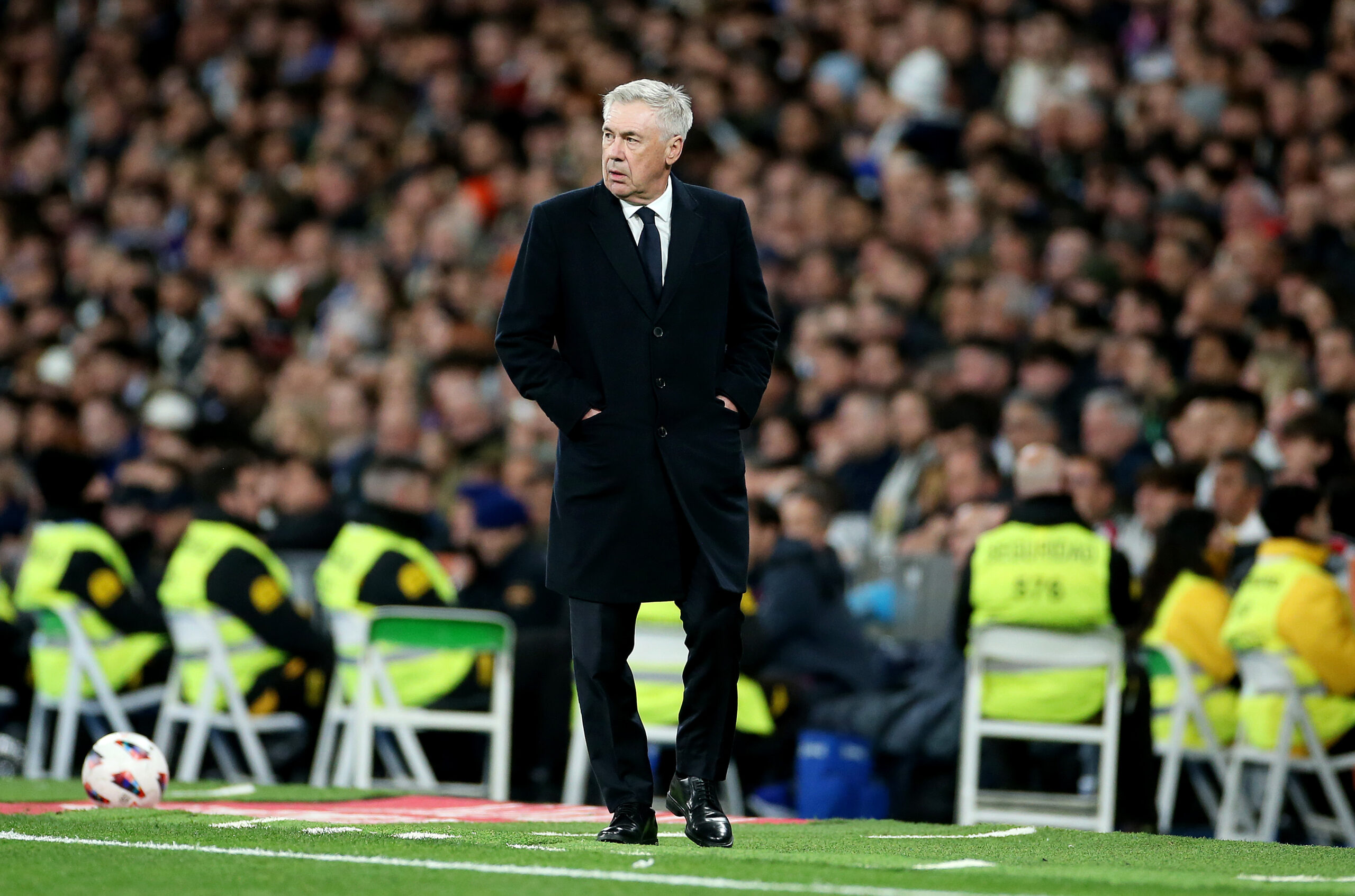 MADRID, SPAIN - MARCH 31: Carlo Ancelotti, Head Coach of Real Madrid, looks on during the LaLiga EA Sports match between Real Madrid CF and Athletic Bilbao at Estadio Santiago Bernabeu on March 31, 2024 in Madrid, Spain.