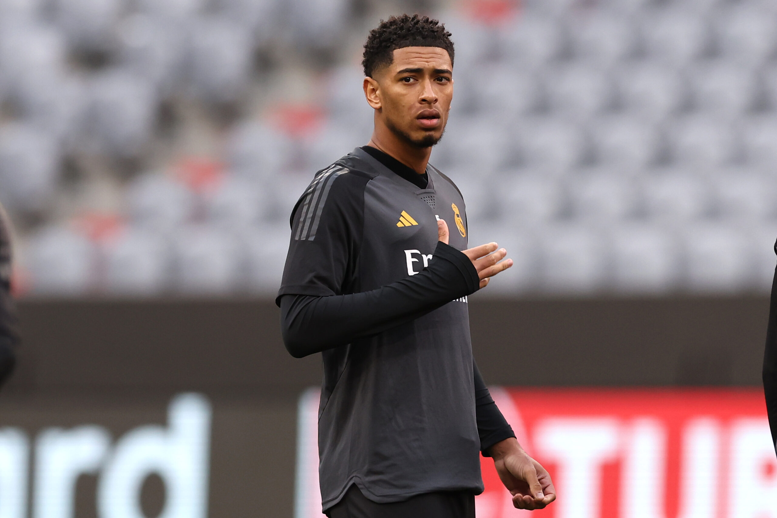 MUNICH, GERMANY - APRIL 29: Jude Bellingham of Real Madrid looks on during a Real Madrid training session ahead of their UEFA Champions League semi-final first leg match against FC Bayern München at Allianz Arena on April 29, 2024 in Munich, Germany.