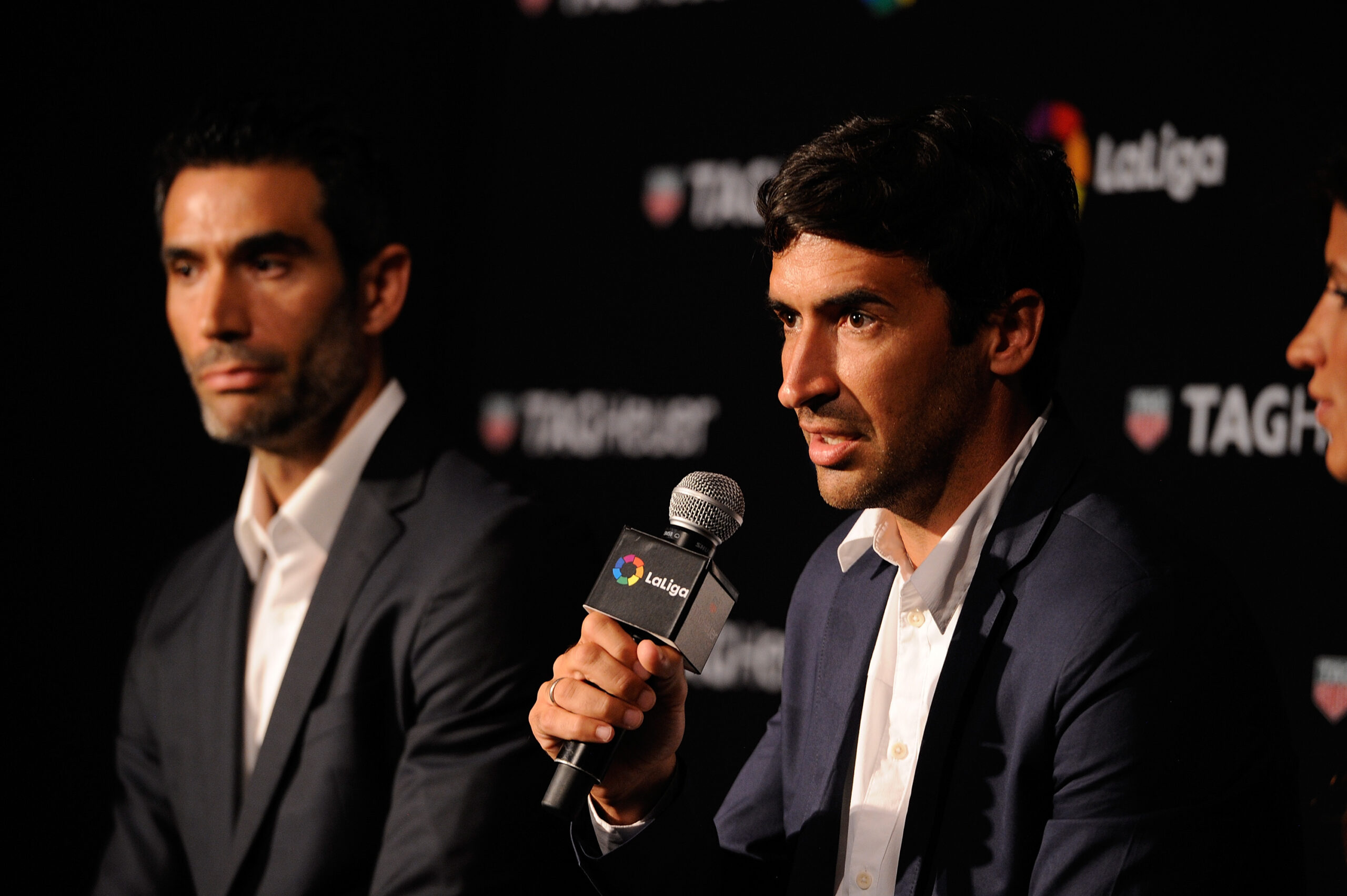 MADRID, SPAIN - JULY 13: Raul Gonzalez (R), former Real Madrid player and country manager of La Liga in the U.S. answers questions beside former player Fernando Sanz during the press conference to announce TAG Heuer as the Official Timekeeper and Official Sponsor of La Liga at the Royal Theatre on July 13, 2016 in Madrid, Spain.