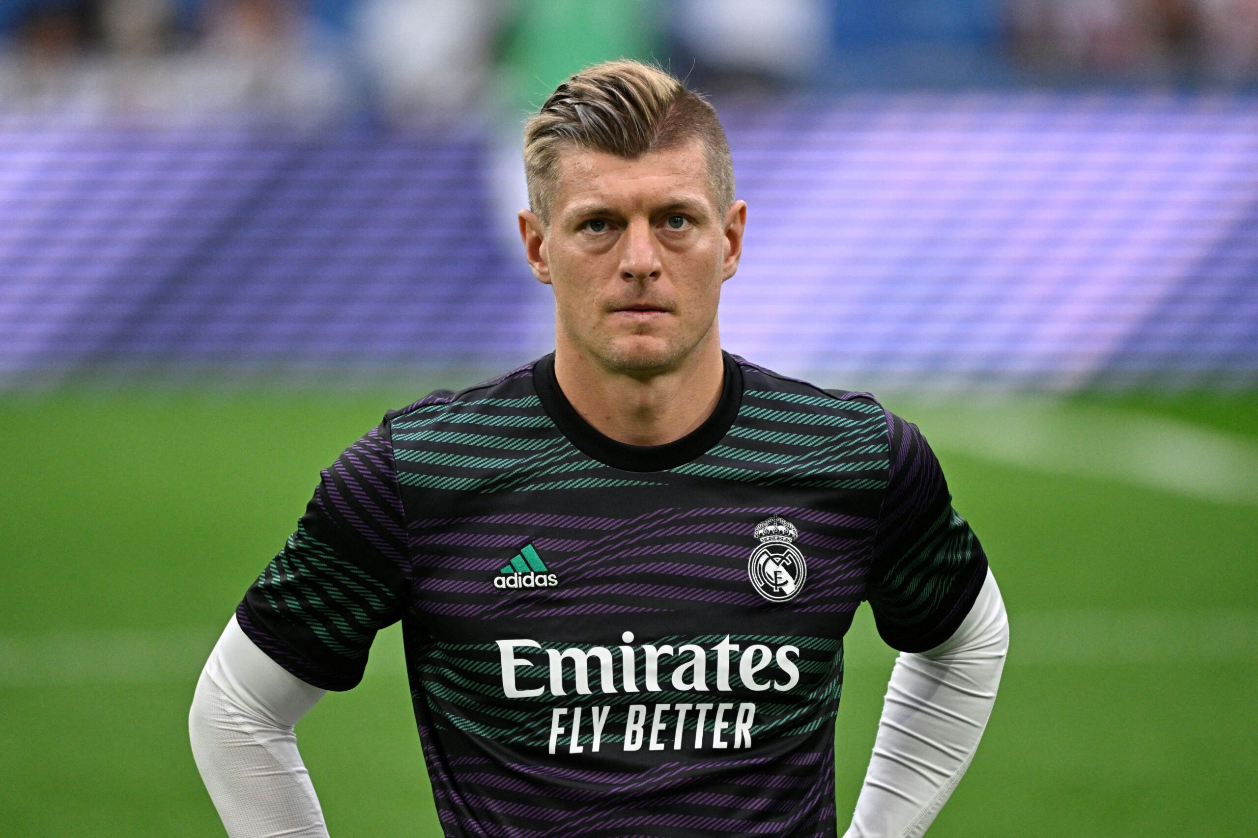 Real Madrid's German midfielder Toni Kroos warms up prior the Spanish league football match between Real Madrid CF and Rayo Vallecano de Madrid at the Santiago Bernabeu stadium in Madrid on May 24, 2023.