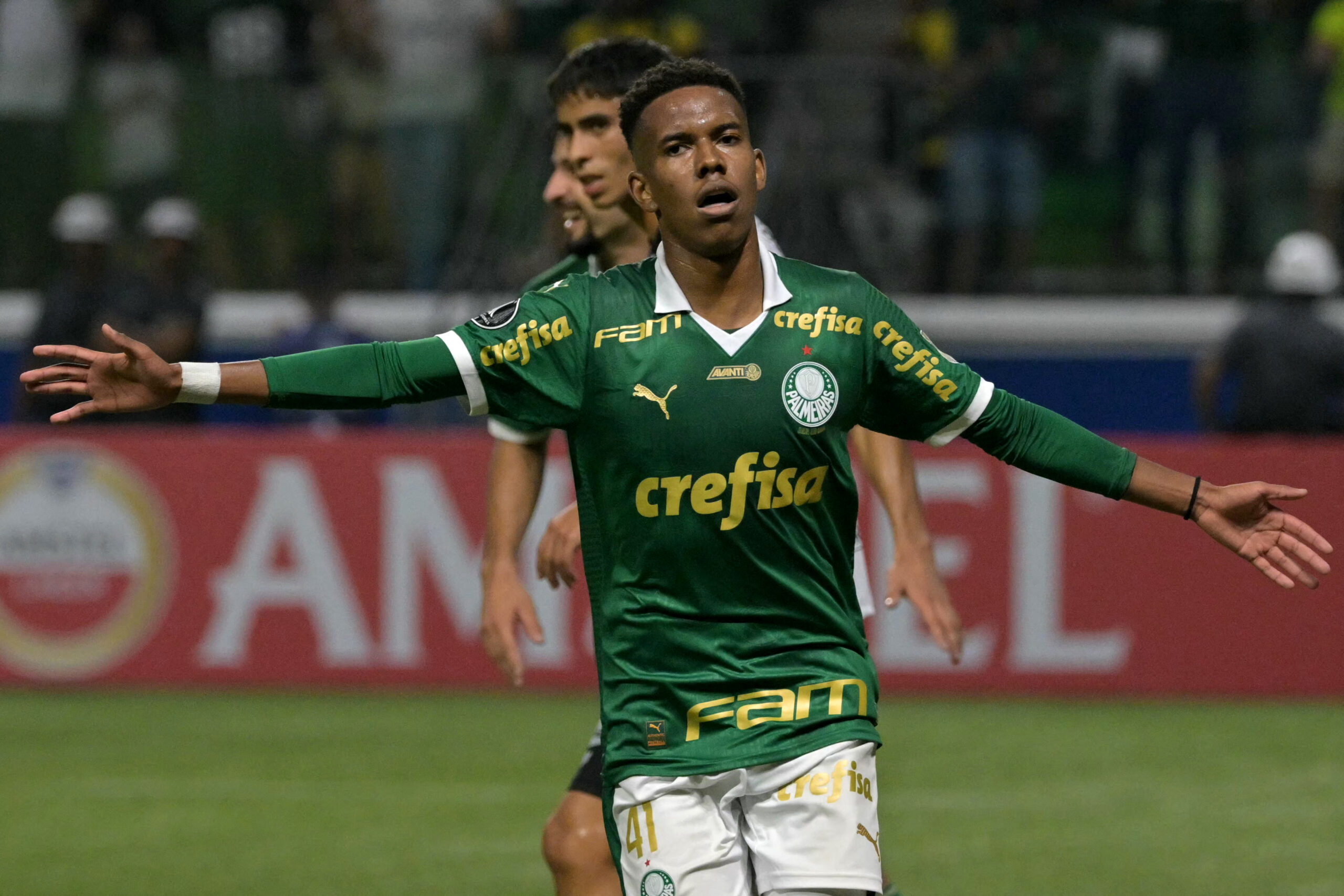Palmeiras' forward Estevao Willian celebrates after scoring a goal during the Copa Libertadores group stage first leg football match between Brazil's Palmeiras and Uruguay's Liverpool at the Allianz Parque stadium in Sao Paulo, Brazil, on April 11, 2024.