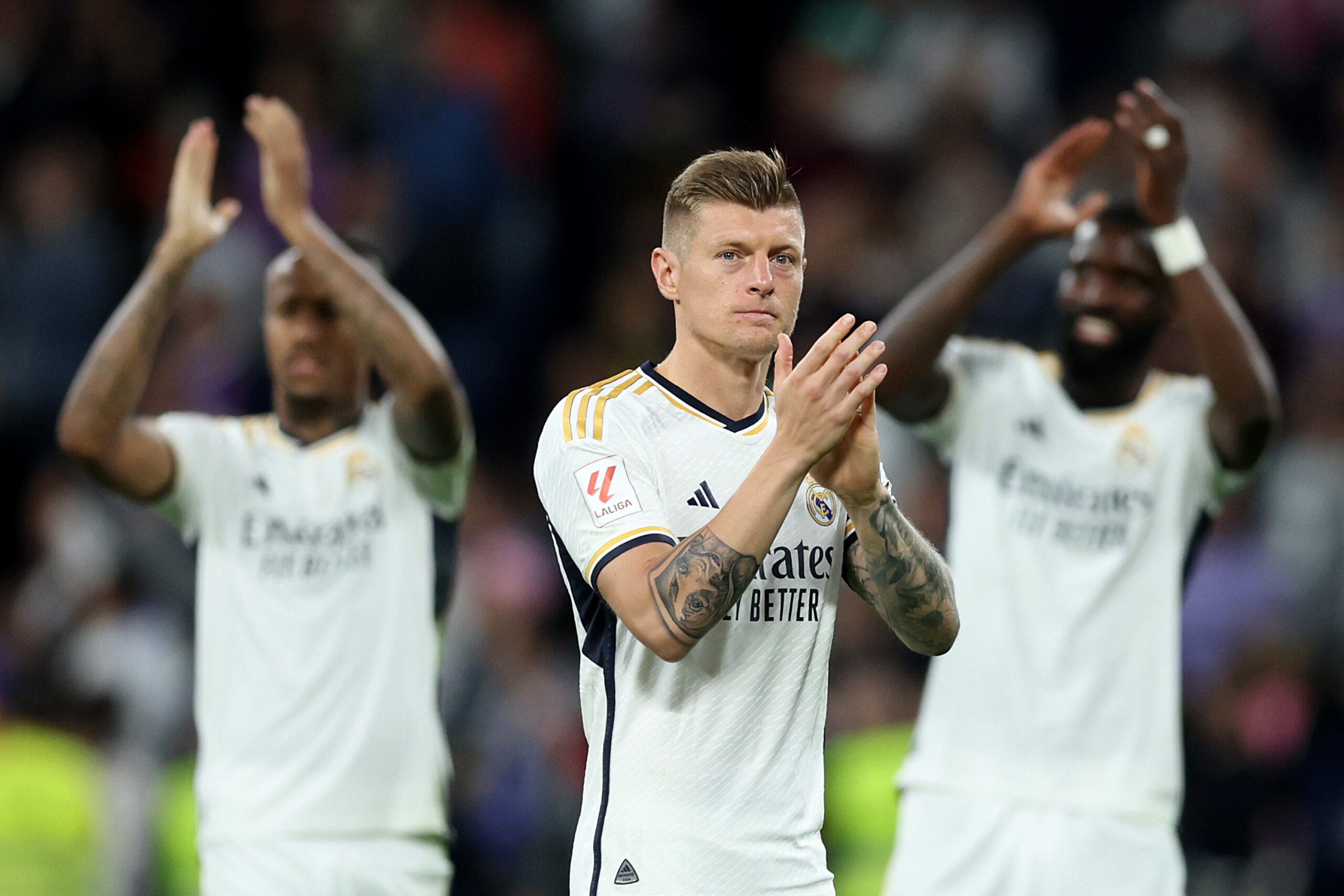 MADRID, SPAIN - MAY 14: Toni Kroos of Real Madrid applauds the fans after the team's victory in the LaLiga EA Sports match between Real Madrid CF and Deportivo Alaves at Estadio Santiago Bernabeu on May 14, 2024 in Madrid, Spain.