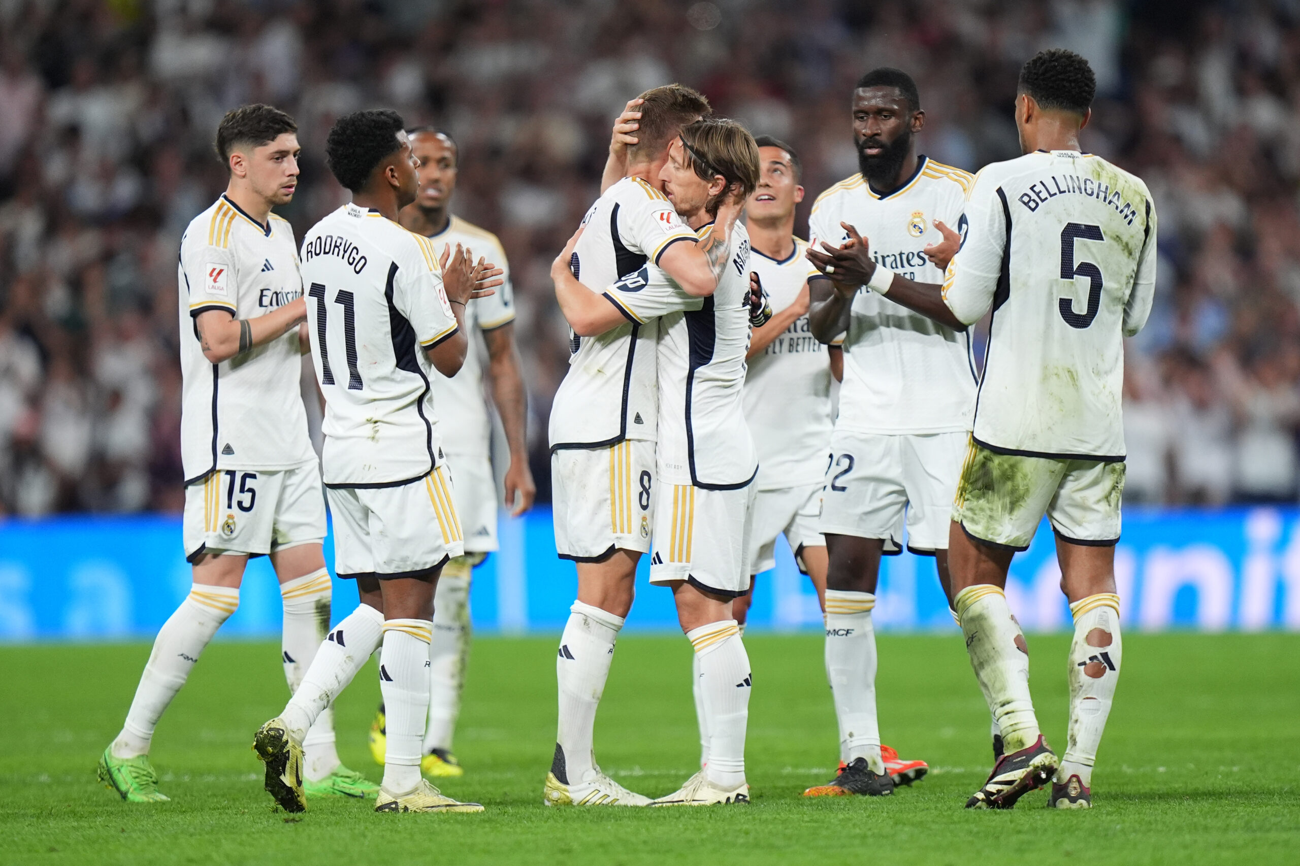 MADRID, SPAIN - MAY 25: Toni Kroos of Real Madrid interacts with teammate Luka Modric during the LaLiga EA Sports match between Real Madrid CF and Real Betis at Estadio Santiago Bernabeu on May 25, 2024 in Madrid, Spain.