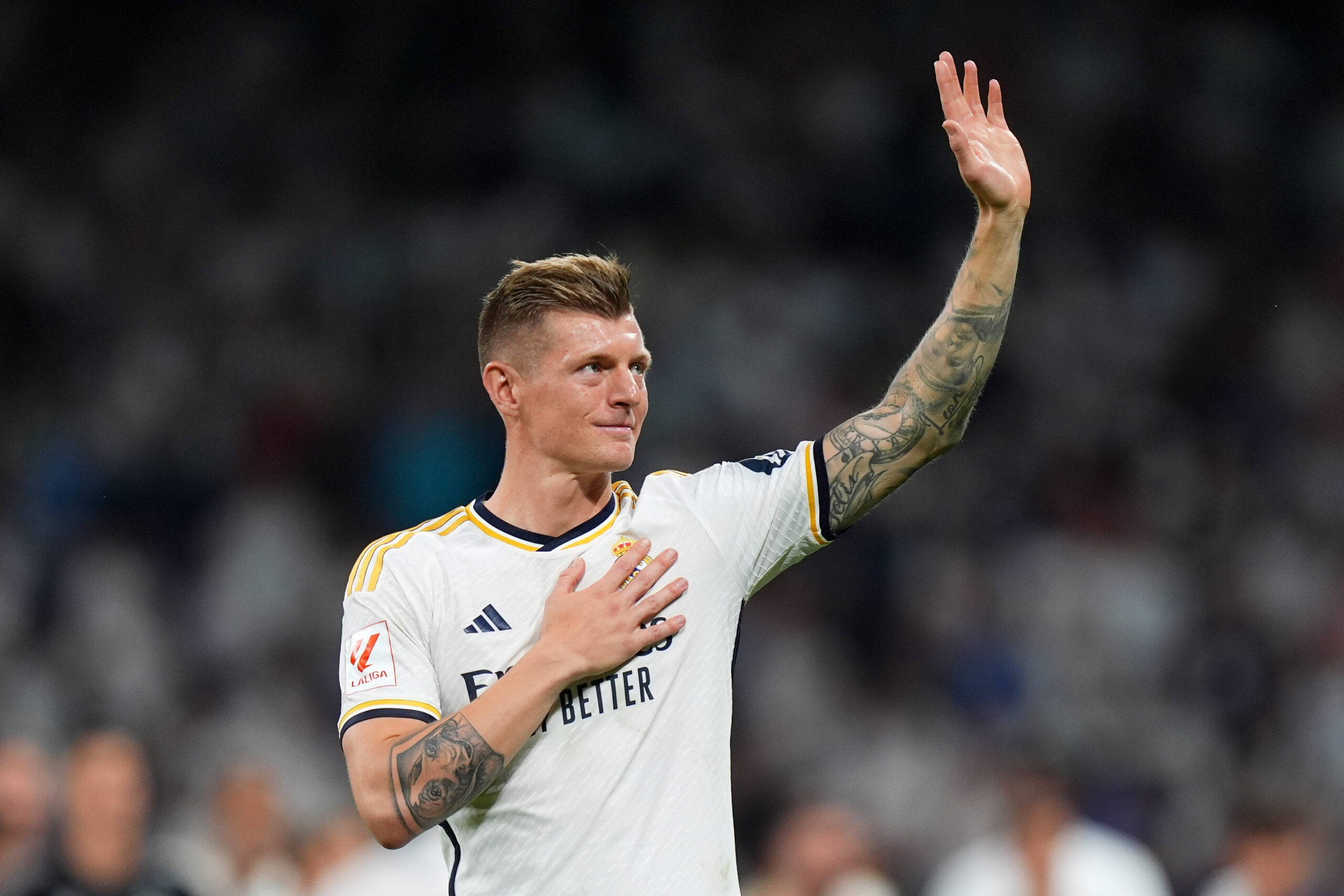 MADRID, SPAIN - MAY 25: Toni Kroos of Real Madrid waves to the fans after the LaLiga EA Sports match between Real Madrid CF and Real Betis at Estadio Santiago Bernabeu on May 25, 2024 in Madrid, Spain.