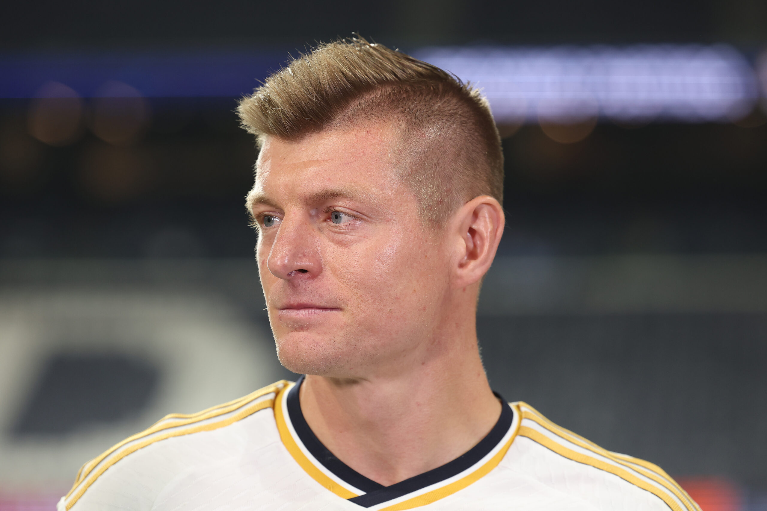 MADRID, SPAIN - MAY 08: Toni Kroos of Real Madrid talks to the media after the UEFA Champions League semi-final second leg match between Real Madrid and FC Bayern München at Estadio Santiago Bernabeu on May 08, 2024 in Madrid, Spain.