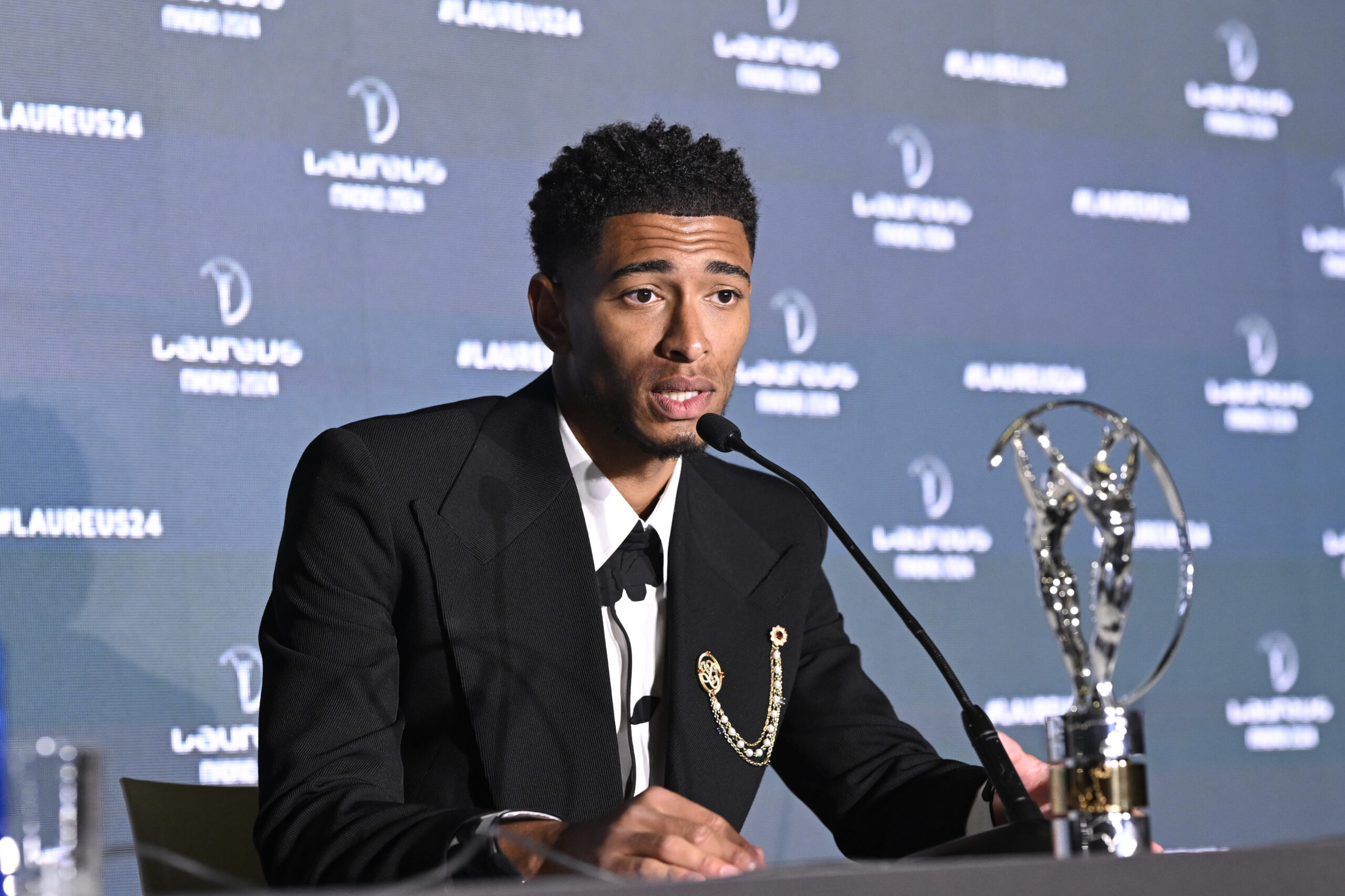 MADRID, SPAIN - APRIL 22: Jude Bellingham speaks at the Winners Press Conference during the Laureus World Sports Awards Madrid 2024 at Galería De Cristal on April 22, 2024 in Madrid, Spain.