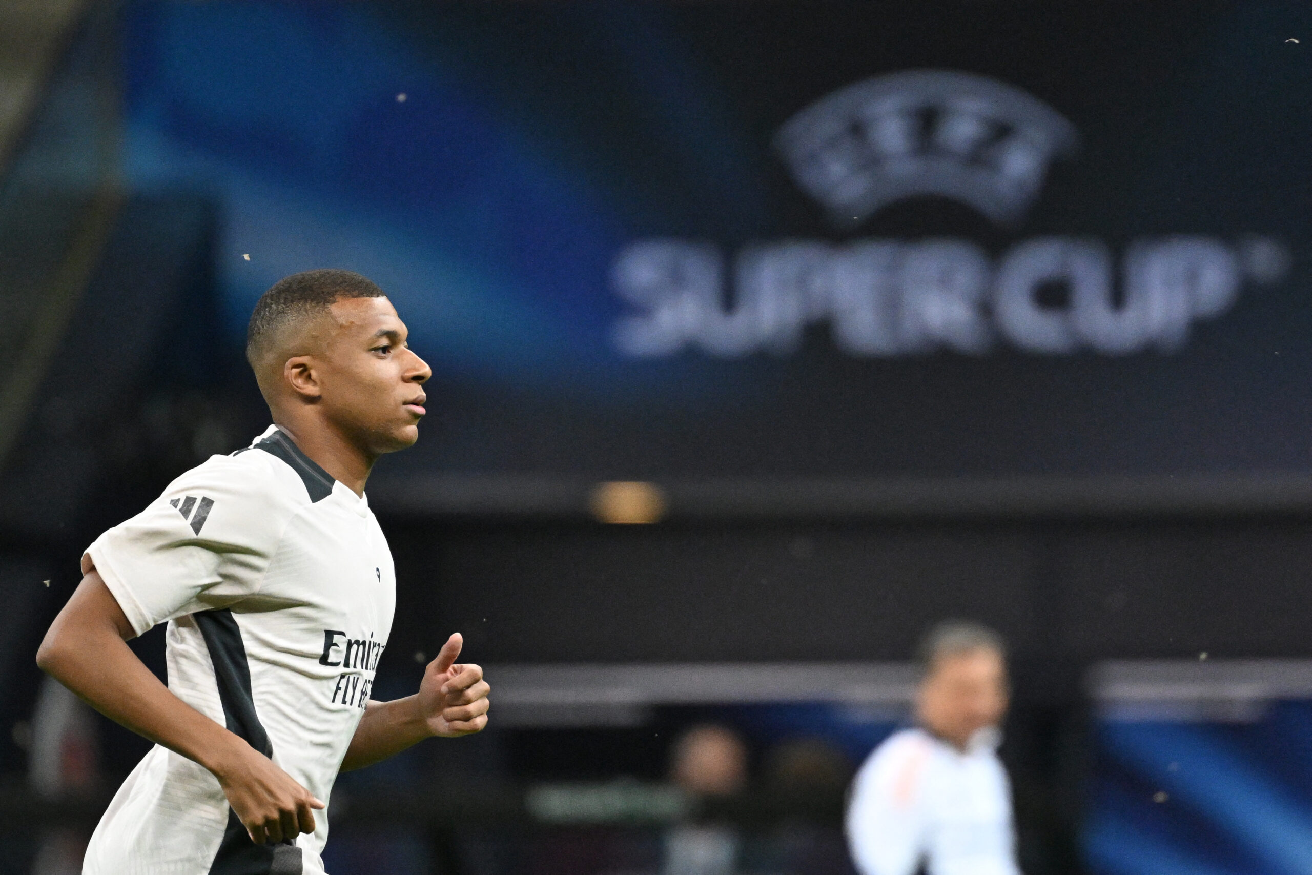 Real Madrid's French forward #09 Kylian Mbappe attends a training session on the eve of the UEFA Super Cup football match Real Madrid v Atalanta Bergamo in Warsaw, Poland, on August 13, 2024. The 2024 UEFA Super Cup final football match between Real Madrid and Atalanta will be held on August 14, 2024 at the National Stadium in Warsaw.