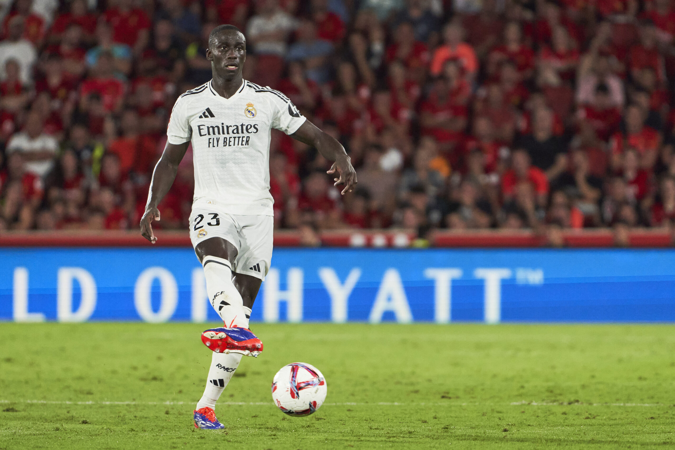 MALLORCA, SPAIN - AUGUST 18: Ferland Mendy of Real Madrid pass the ball during the La Liga match between RCD Mallorca and Real Madrid CF at Estadi de Son Moix on August 18, 2024 in Mallorca, Spain.
