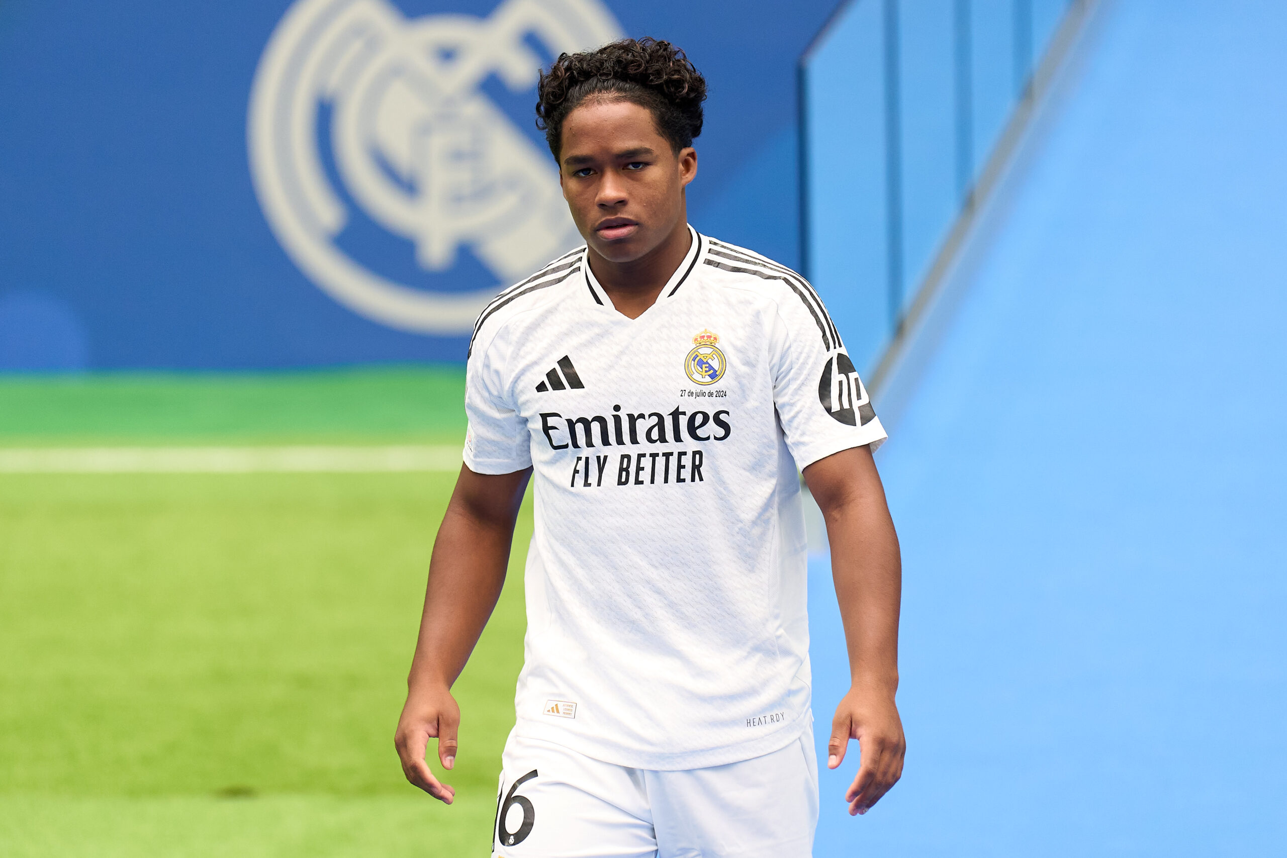 MADRID, SPAIN - JULY 27: Real Madrid new signing, Endrick Felipe is unveiled at Estadio Santiago Bernabeu on July 27, 2024 in Madrid, Spain.