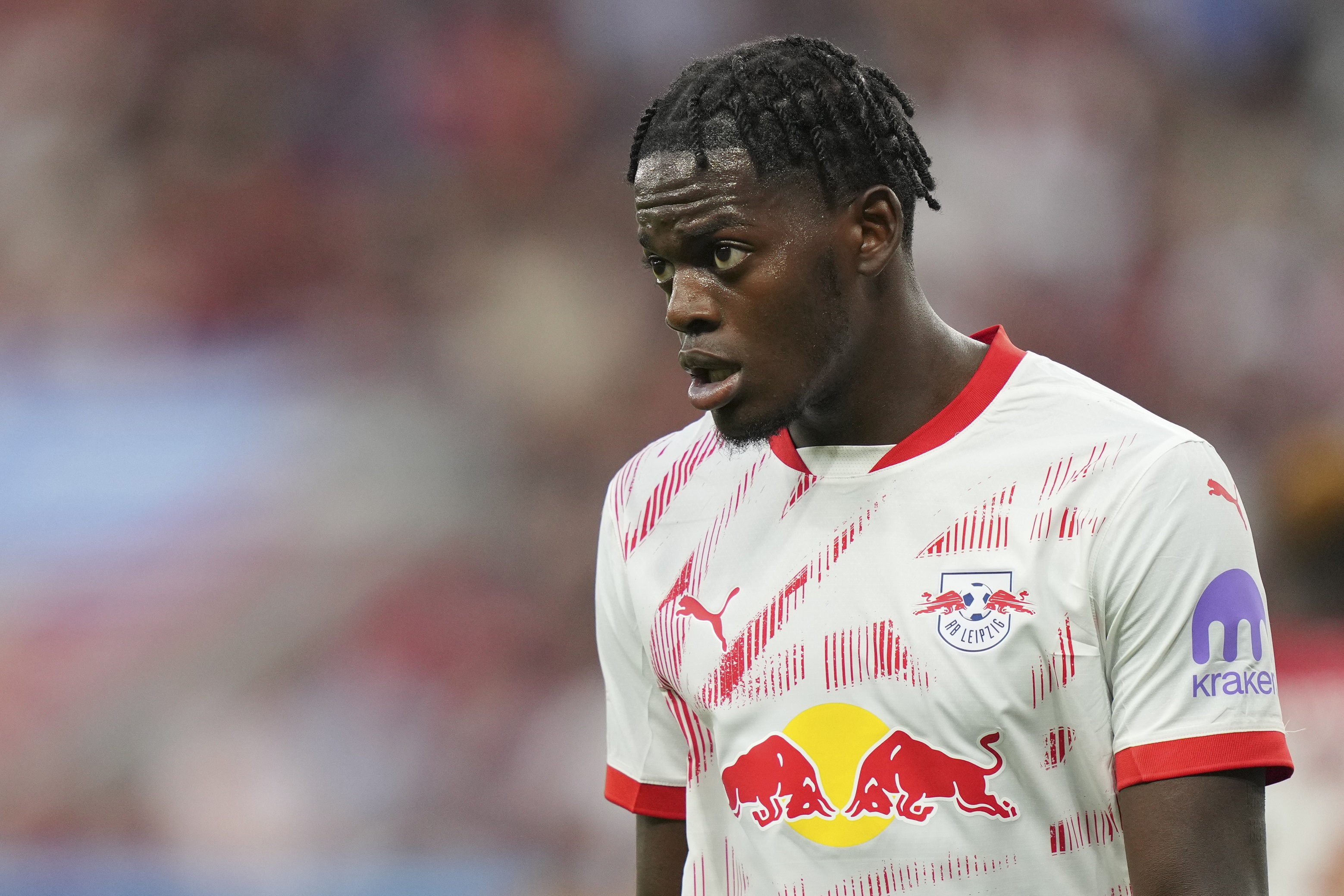 LEVERKUSEN, GERMANY - AUGUST 31: Castello Lukeba of RB Leipzig looks on during the Bundesliga match between Bayer 04 Leverkusen and RB Leipzig at BayArena on August 31, 2024 in Leverkusen, Germany.