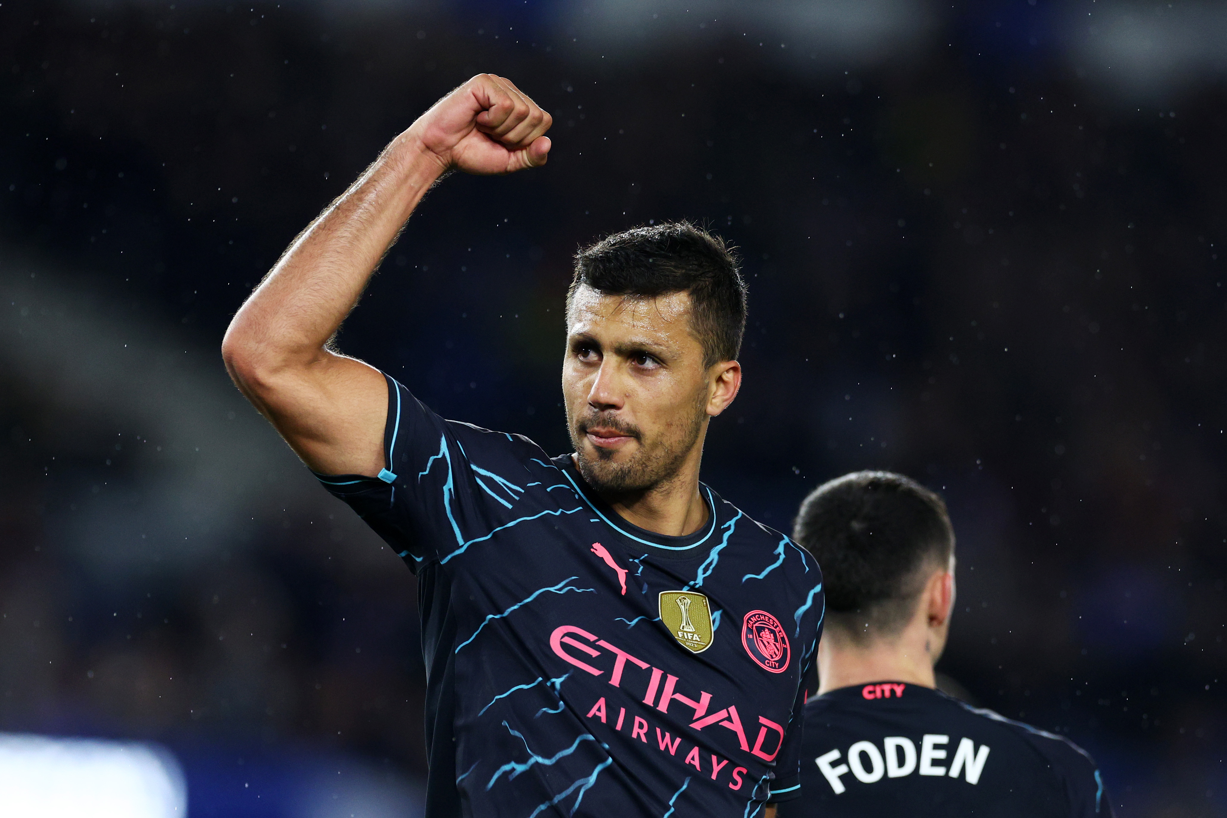 BRIGHTON, ENGLAND - APRIL 25: Rodri of Manchester City celebrates after teammate Julian Alvarez scored their team's fourth goal during the Premier League match between Brighton & Hove Albion and Manchester City at American Express Community Stadium on April 25, 2024 in Brighton, England.