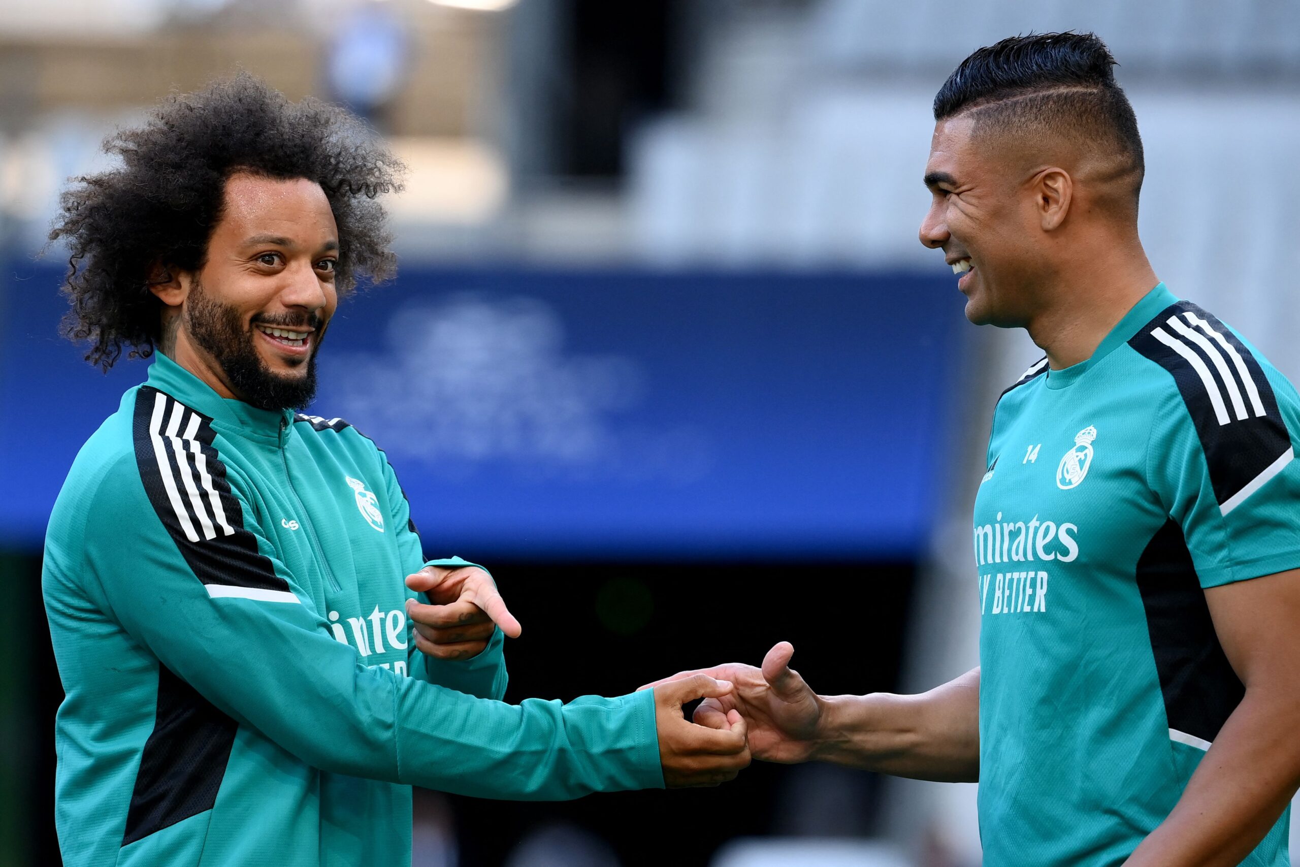 Real Madrid's Brazilian defender Marcelo and Real Madrid's Brazilian midfielder Casemiro (R) attend a training session at the Stade de France in Saint-Denis on May 27, 2022, on the eve of their UEFA Champions League final football match against Liverpool FC.