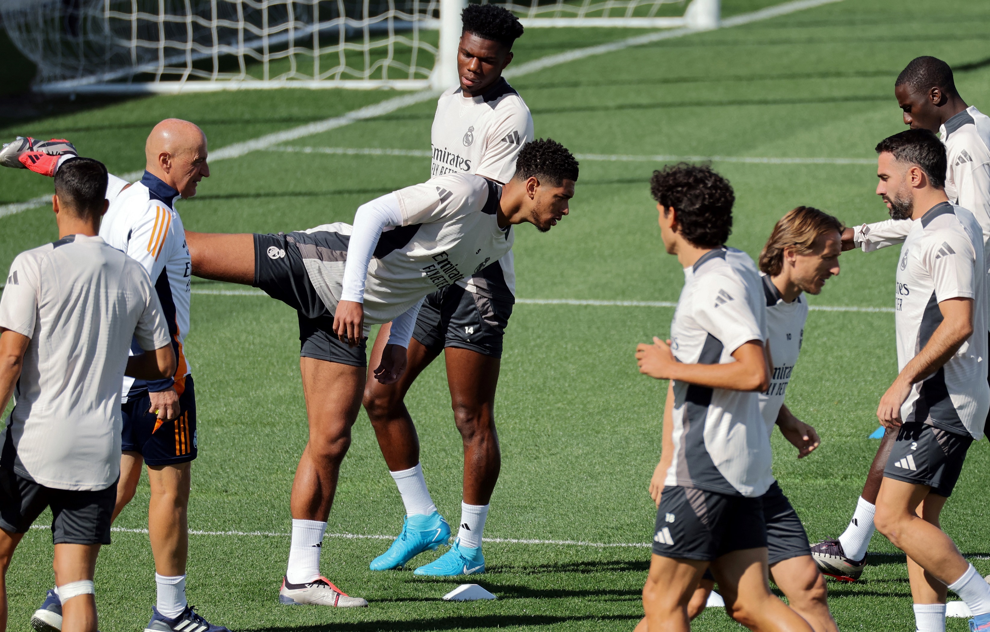 Real Madrid's English midfielder #05 Jude Bellingham (C) attends a training session on the eve of their UEFA Champions League football match against Stuttgart VFB at the club's training facilities of Valdebebas, in the outskirt of Madrid, on September 16, 2024.