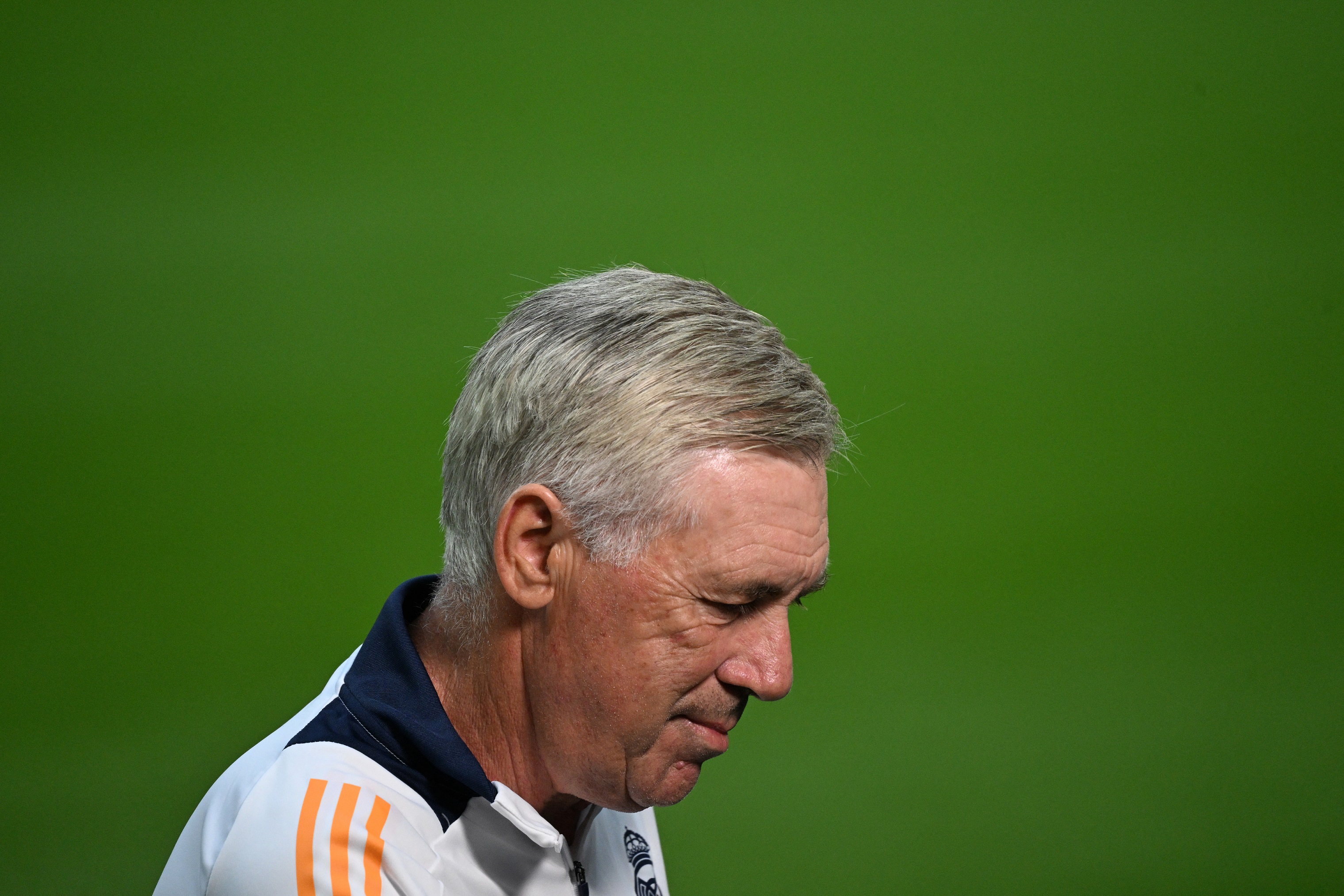 Real Madrid's Italian coach Carlo Ancelotti reacts during a training session on the eve of the UEFA Super Cup football match Real Madrid v Atalanta Bergamo in Warsaw, Poland, on August 13, 2024.