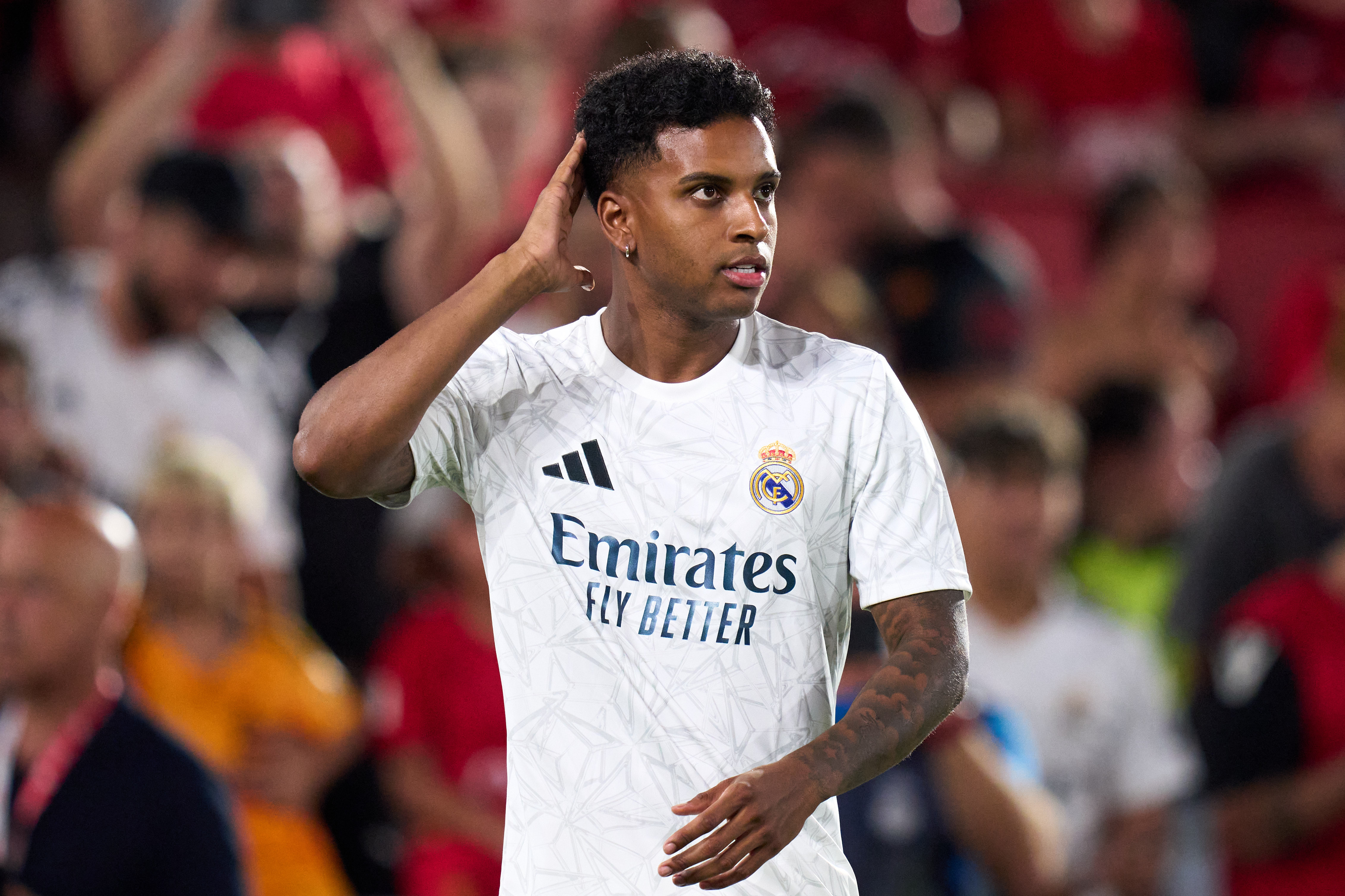 MALLORCA, SPAIN - AUGUST 18: Rodrygo of Real Madrid CF looks on during the warm up prior to the La Liga match between RCD Mallorca and Real Madrid CF at Estadi de Son Moix on August 18, 2024 in Mallorca, Spain.