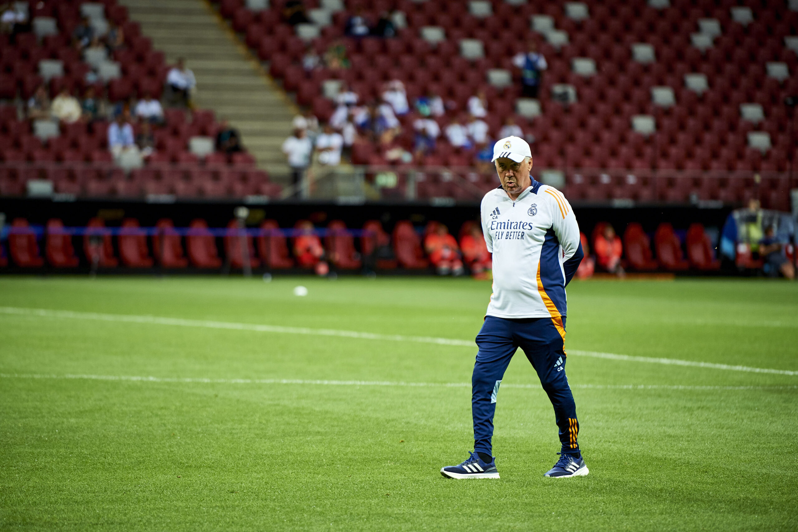 WARSAW, POLAND - AUGUST 13: Carlo Ancelotti coach of Real Madrid while training session before UEFA Super Cup 2024 at National Stadium on August 13, 2024 in Warsaw, Poland.