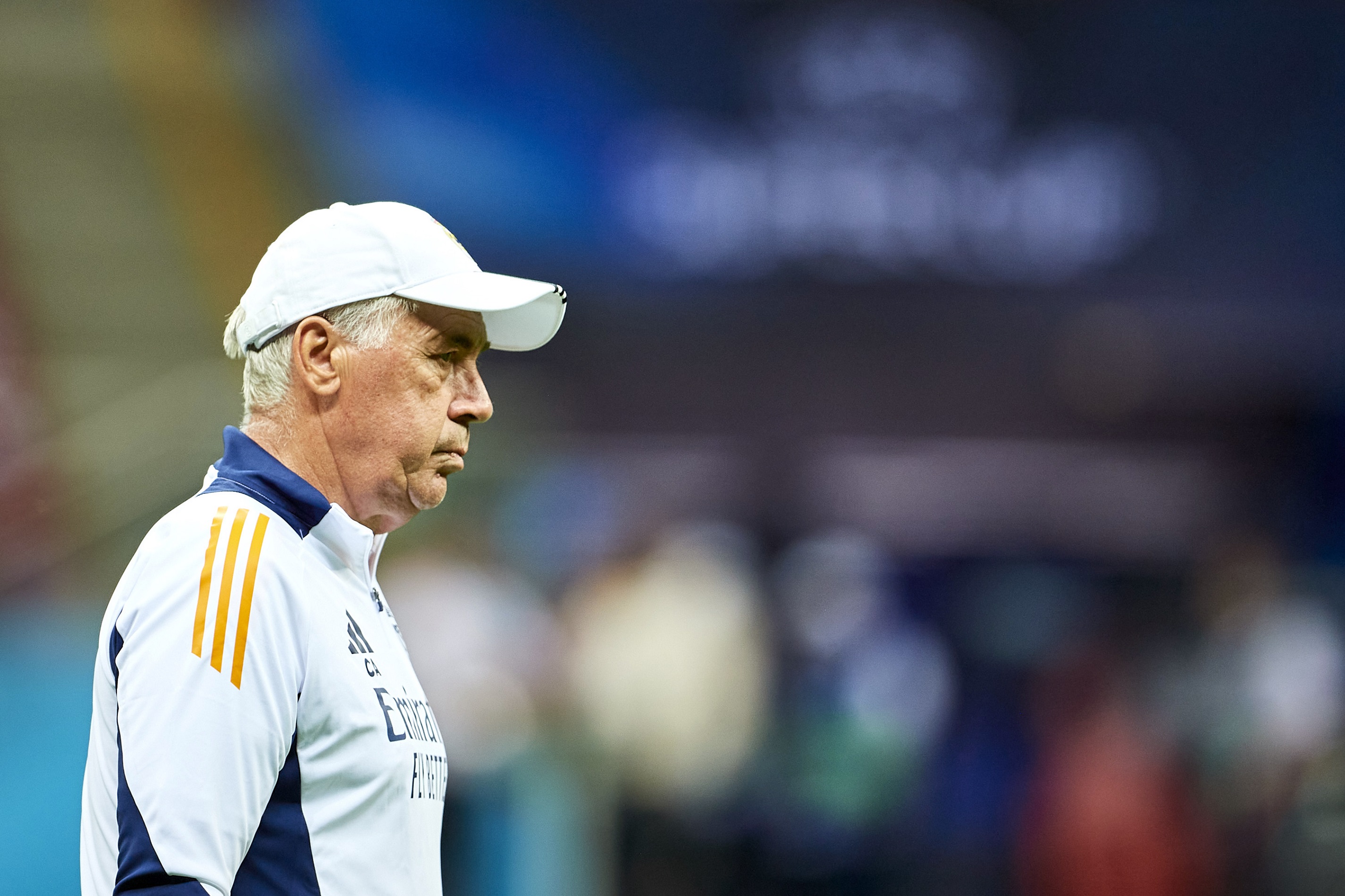 WARSAW, POLAND - AUGUST 13: Carlo Ancelotti coach of Real Madrid while training session before UEFA Super Cup 2024 at National Stadium on August 13, 2024 in Warsaw, Poland.
