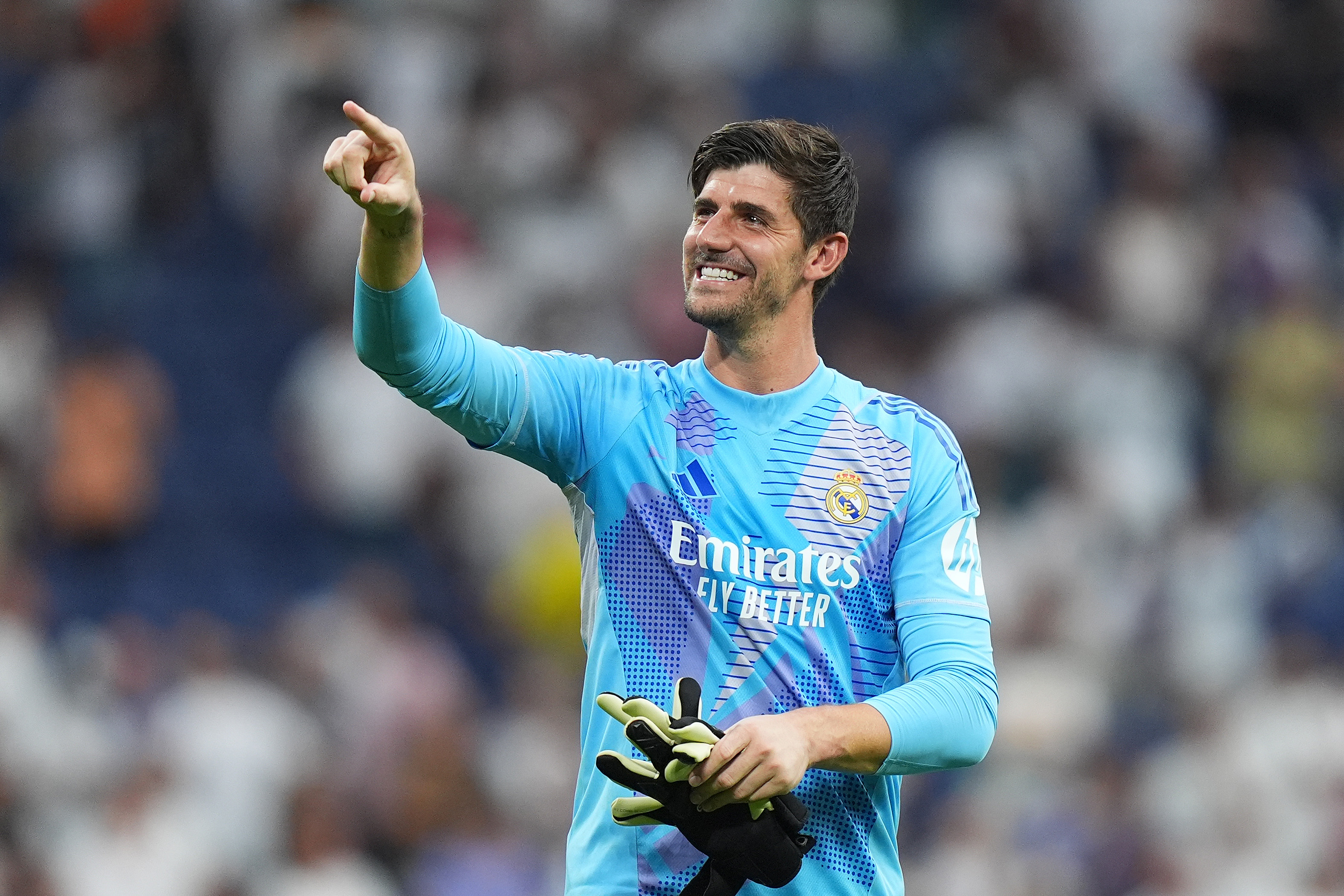 MADRID, SPAIN - AUGUST 25: Thibaut Courtois of Real Madrid gestures after the La Liga match between Real Madrid CF and Real Valladolid CF at Estadio Santiago Bernabeu on August 25, 2024 in Madrid, Spain.