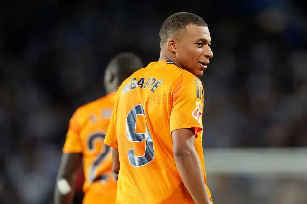 SAN SEBASTIAN, SPAIN - SEPTEMBER 14: Kylian Mbappe of Real Madrid celebrates scoring his team's second goal during the LaLiga match between Real Sociedad and Real Madrid CF at Reale Arena on September 14, 2024 in San Sebastian, Spain.