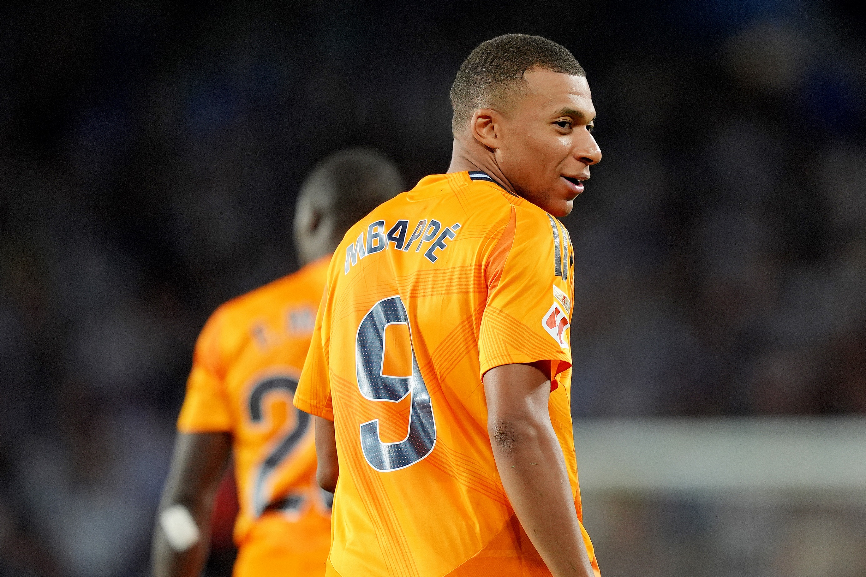 SAN SEBASTIAN, SPAIN - SEPTEMBER 14: Kylian Mbappe of Real Madrid celebrates scoring his team's second goal during the LaLiga match between Real Sociedad and Real Madrid CF at Reale Arena on September 14, 2024 in San Sebastian, Spain.