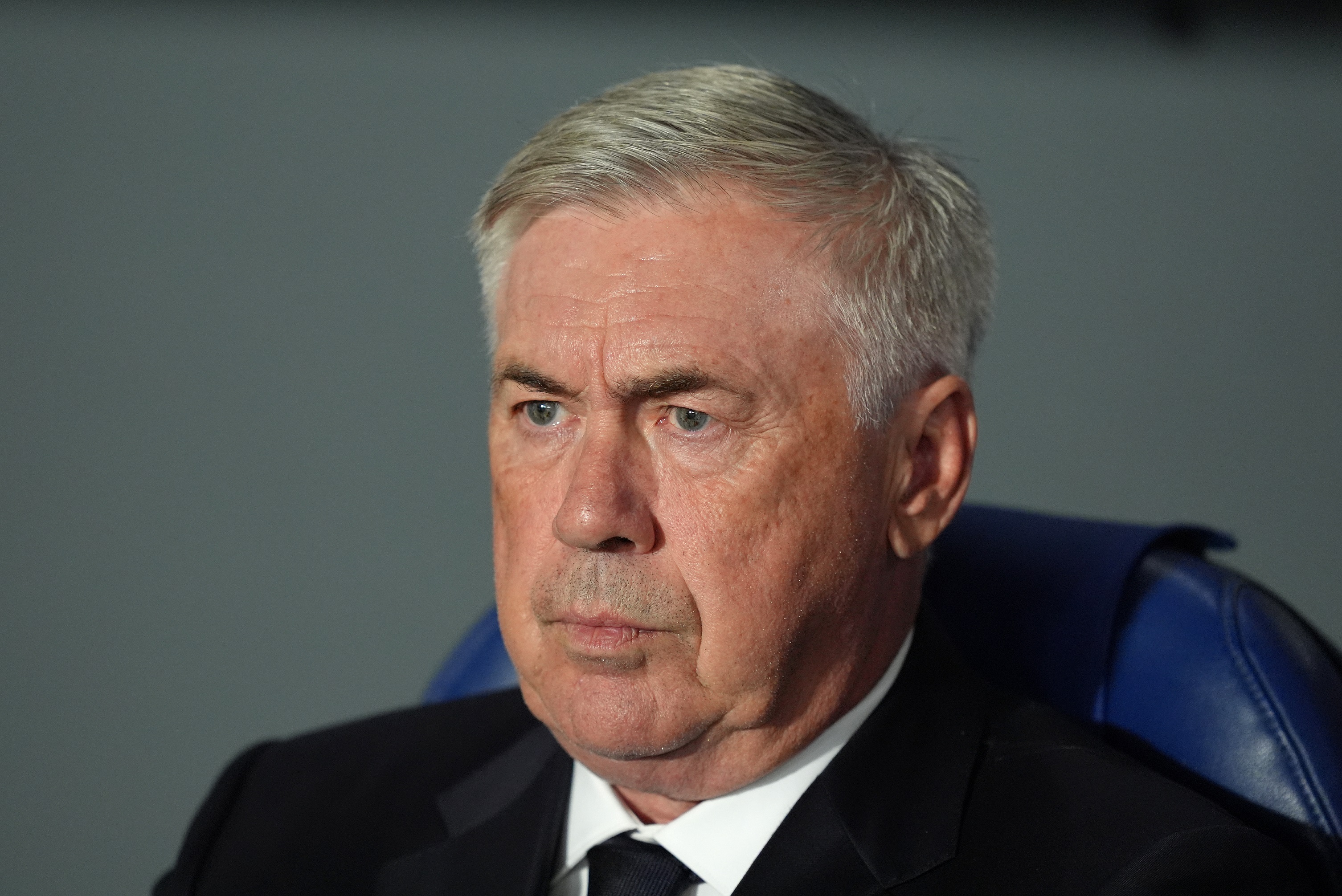 SAN SEBASTIAN, SPAIN - SEPTEMBER 14: Carlo Ancelotti, Head Coach of Real Madrid, looks on prior to the LaLiga match between Real Sociedad and Real Madrid CF at Reale Arena on September 14, 2024 in San Sebastian, Spain.